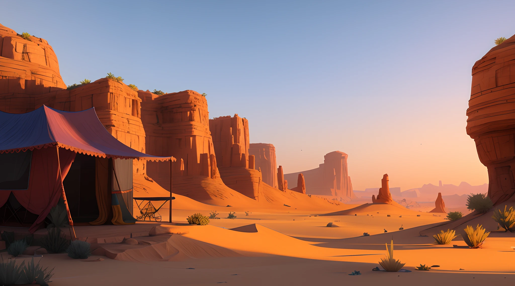 There is a tent in the desert with a bonfire in front with a blue roof, Estilo do Vale do Monumento, deserto scenery, Tinta escura renderizada em 3D, serene desert scenery, Renderizado em corona, beautiful render of a landscape, desert ambience, tinta escura, Motor Unreal 5 altamente renderizado, em algum lugar nas areias do deserto, detalhado unreal engine 5 render, mesa do deserto, Ambiente Unreal Engine 5
