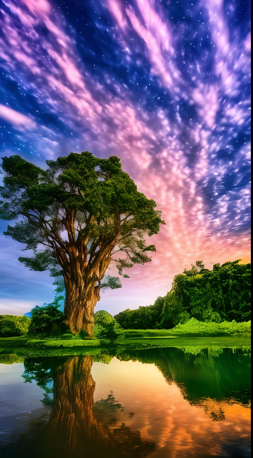 Illustration of a surreal, otherworldly, hyper sky scene including a giant crystal tree full body, highly detailed and magical lighting, intricate forest details, vegetation and surrounding river, solar punk, landscape, giant tree , beautiful green leaves, beautiful lighting and realistic proportions, as if this is a movie background, 8k, highest quality, masterpiece, clouds and stars in the sky.