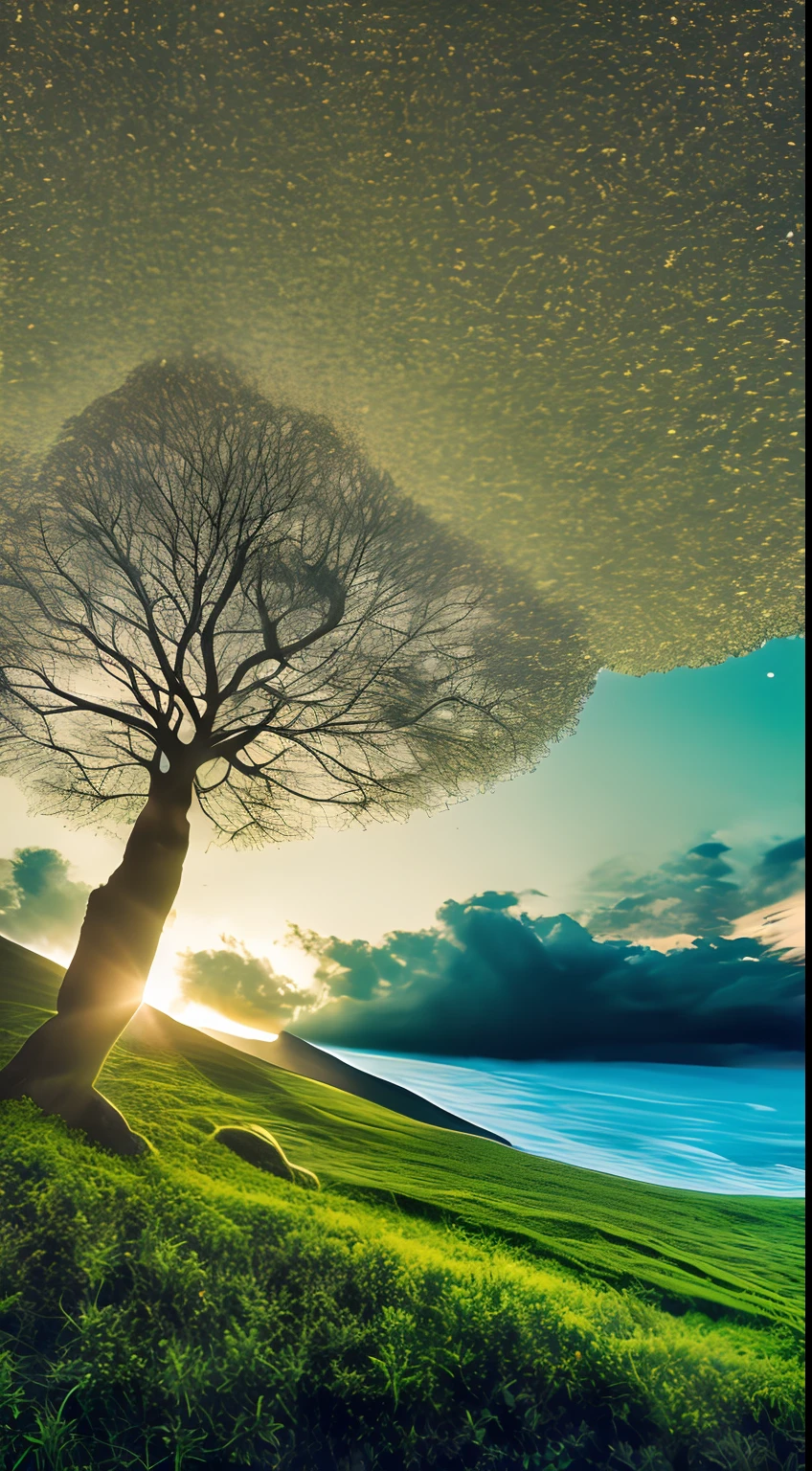 Illustration of a surreal, otherworldly, hyper sky scene including a giant crystal tree full body, highly detailed and magical lighting, intricate forest details, vegetation and surrounding river, solar punk, landscape, giant tree , beautiful green leaves, beautiful lighting and realistic proportions, as if this is a movie background, 8k, highest quality, masterpiece, clouds and stars in the sky.