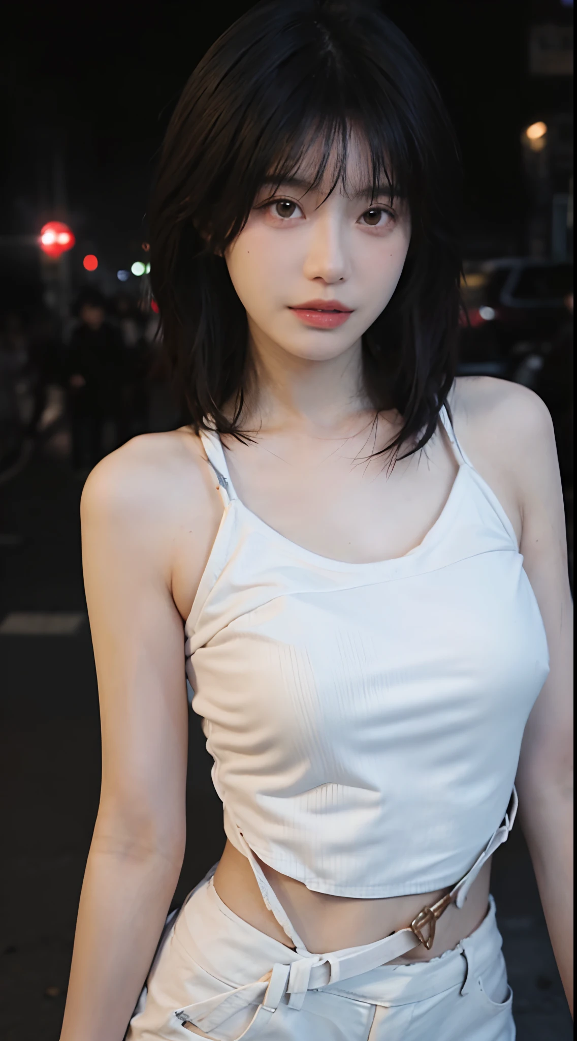 best qualtiy, 超高分辨率, (realisticlying:1.4),2 girls ,Focus:1.2, Bigchest:1.6,brassier:1.4,perfect figure beautiful woman:1.4 , pelo rojo corto,(Streets at night:1.3), Highly detailed facial and skin texture, head straight-looking at viewer,A detailed eye, 二重まぶた,Red lips,eye shadows,Whiten skin,(Air bangs:1.3),,(White thin strap top:1.4)