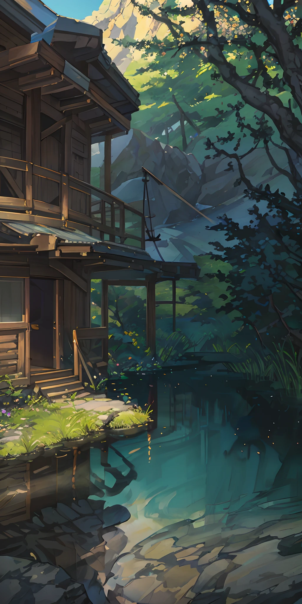 spring, Forest, lake, cave, waterfall, tree, meadow, rock, hot spring, water vapor, (illustration: 1.0), epic composition, realistic lighting, HD details, masterpiece, best quality, (very detailed CG unified 8k wallpaper)