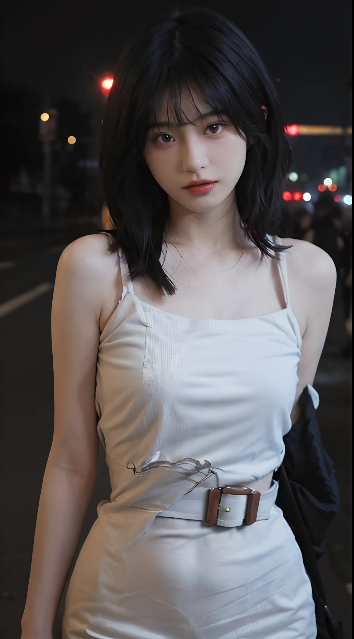 best qualtiy, 超高分辨率, (realisticlying:1.4),2 girls ,Focus:1.2, Bigchest:1.6,brassier:1.4,perfect figure beautiful woman:1.4 , pelo rojo corto,(Streets at night:1.3), Highly detailed facial and skin texture, head straight-looking at viewer,A detailed eye, 二重まぶた,Red lips,eye shadows,Whiten skin,(Air bangs:1.3),,(White thin strap top:1.4)