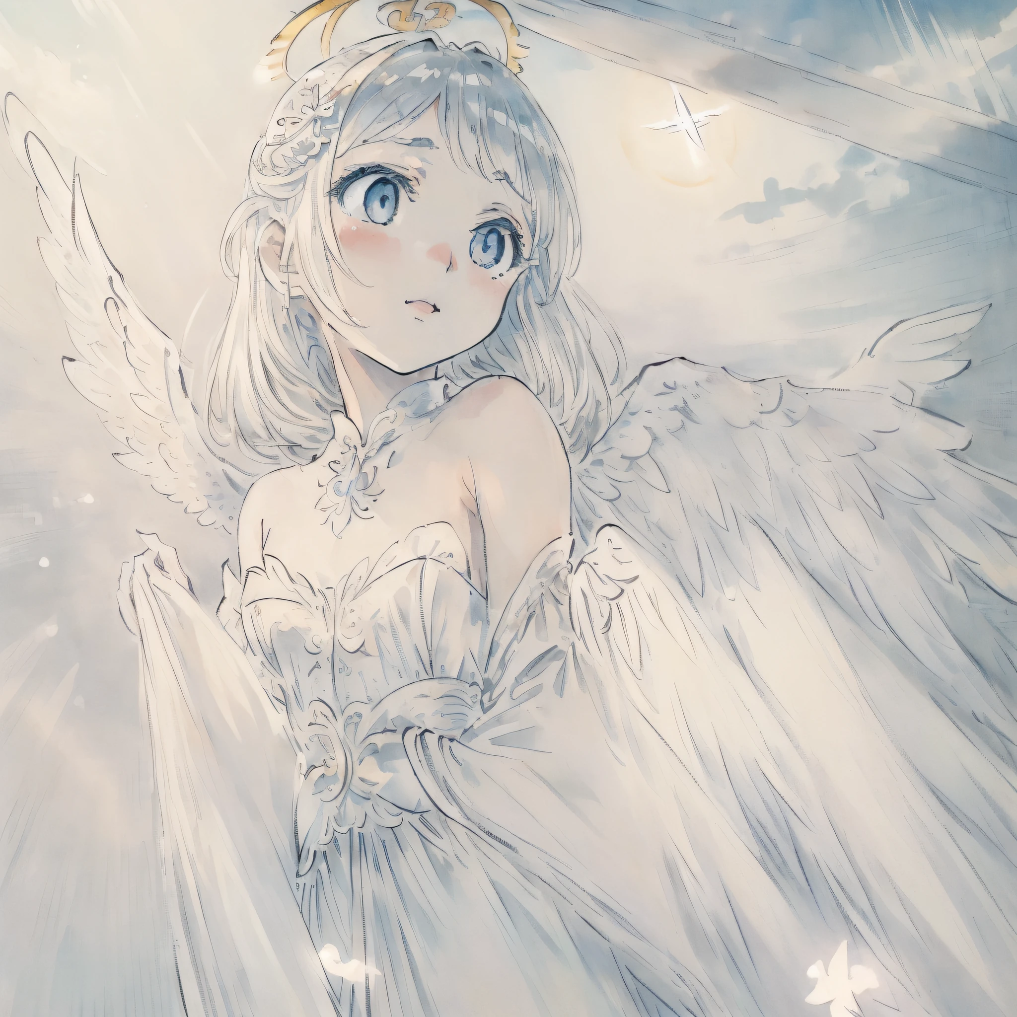 (((masterpiece))), (((best quality))), ((ultra-detailed)), (illustration), (detailed light),((an extremely delicate and beautiful)),(beautiful detailed eyes), (sunlight),(angel),solo,young girls,dynamic angle,floating, bare_shoulders,looking_at_viewer ,wings ,arms_up,halo,Floating white silk,(Holy Light),just like silver stars imploding we absorb the light of day