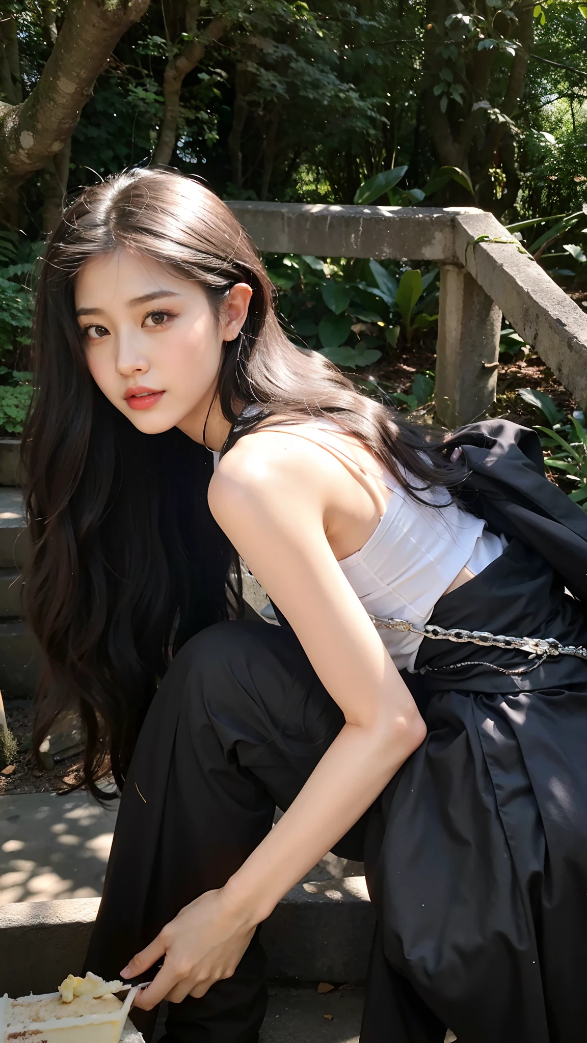 There was a woman kneeling on the stone steps with a cake, With long hair, Asian girl with long hair, Shin Jinying, Gorgeous young Korean woman, xintong chen, full-body xianxia, 2 4 year old female model, With long black hair, xision wu, photo of slim girl model, ulzzangs, korean women's fashion model