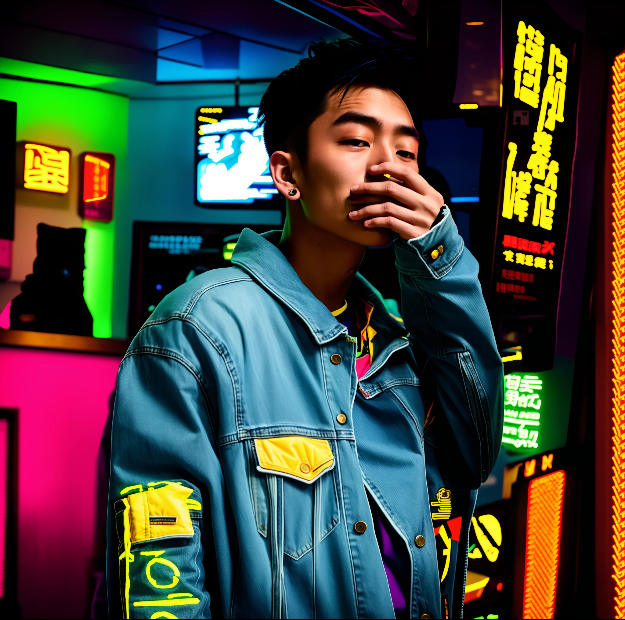 Chinese man in denim jacket, profile shot, aesthetic shot, inspired by Robbie Trevino, wearing cyberpunk streetwear, personal profile picture, twitch streamer / gamer ludwig, with neon lights, Aesthetic!!, inspired by Adam Dario Keel, an aesthetic!, beautiful aesthetic, wearing cyberpunk 2 0 7 7 jacket, hyung tae, Aesthetic!!!!, album photo