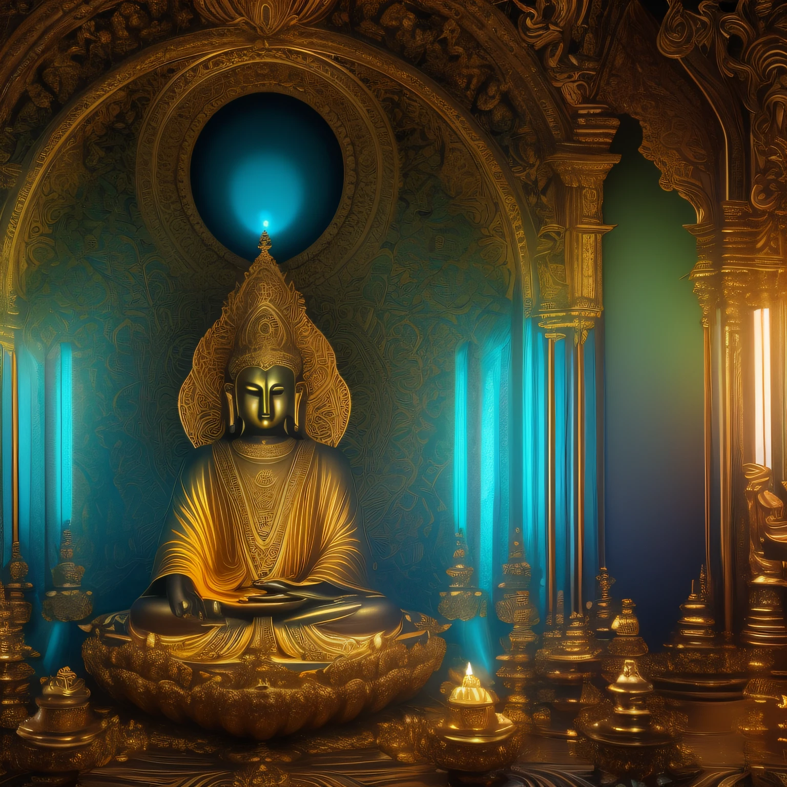 um close up de uma imagem de buda sentado em uma flor de lotus, ornamentos dourados, bugigangas de prata,respingos de sangue,personagem bonito,dark cyan tunic, yellow tunic, elegence, mystique, conhecimento, Postura digna, intricate patterns, motivos da natureza, motivos celestiais, deep contemplation, Cabo majestoso, tecidos luxuosos, swirling patterns, magical ambiance, paleta de cores harmoniosa, encantamento, wisdom. Tetradic, cores quentes, best quality, master part, high resolution, fotorrealista, intrincado, pintura de fundo rica,