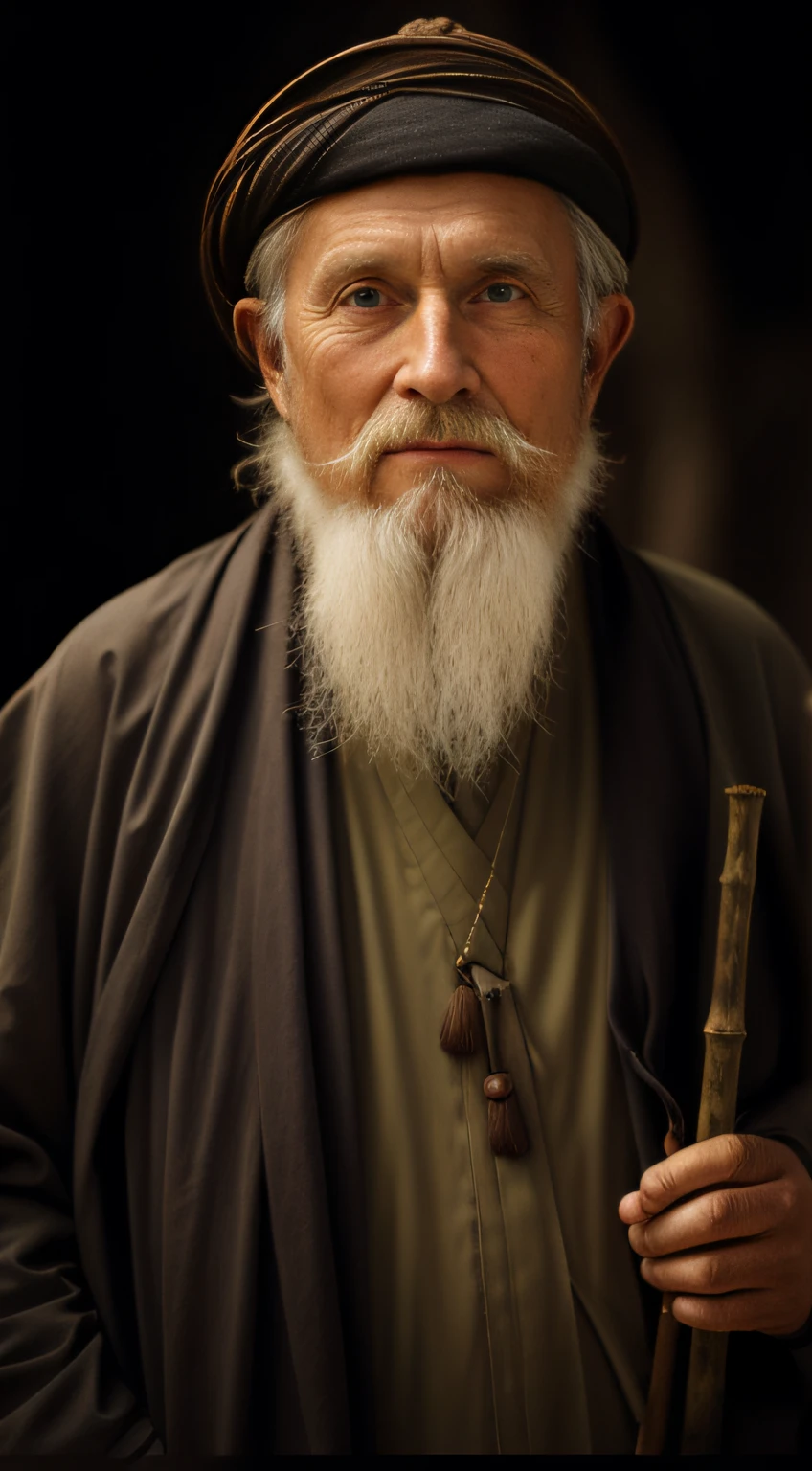 with a long beard，An Arafeld man wearing a hat with a stick, Wise old man, The background is a bamboo forest，portrait of monk, An old man, portrait photo of an old man, old man portrait, by Irakli Nadar, Ukrainian monks, A portrait of a wizard, Portrait of an old man, color photograph portrait 4k, portrait of bedouin d&D