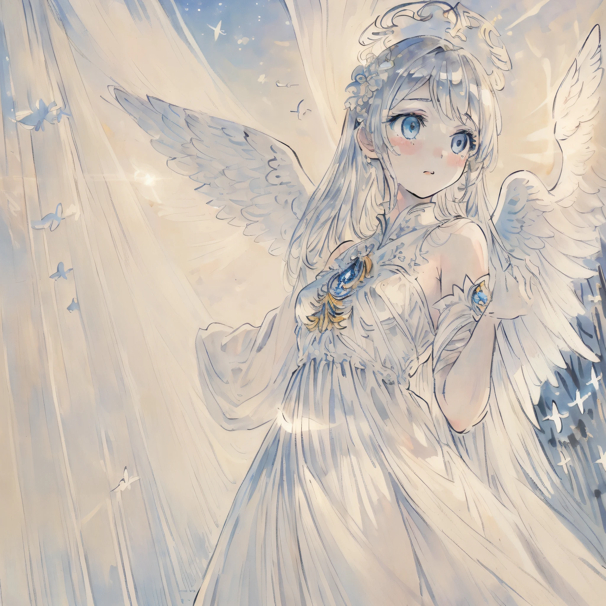 (((masterpiece))), (((best quality))), ((ultra-detailed)), (illustration), (detailed light),((an extremely delicate and beautiful)),(beautiful detailed eyes), (sunlight),(angel),solo,young girls,dynamic angle,floating, bare_shoulders,looking_at_viewer ,wings ,arms_up,halo,Floating white silk,(Holy Light),just like silver stars imploding we absorb the light of day