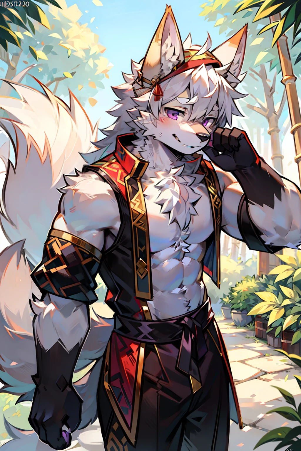 solo person，shaggy male，hairy chest，coyote，canid，Gray fur，long  white hair，The ends of the hair are purple，a purple eye，Bullied，adolable，Handsome，large tail，full bodyesbian，stretched action，swordsman，Chinese antique costumes，Hanfu，bucket-hat，veils，Manteau blanc，bamboo forrest，Affectionate