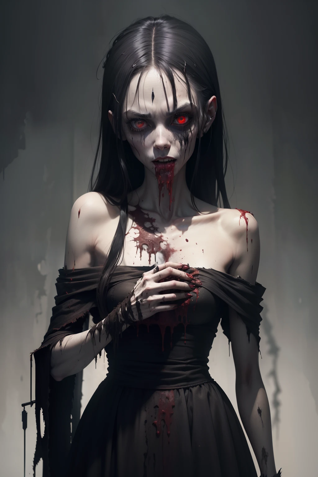 A very pal humanoid character, with red eyes, her name is (The Englewood Witch), she is crazy, nuts, horror, she is creepy, she is scary, shock value, very evil, she is skinny, evoke, fear, terror, dread, decay, disgust, she is a Psycho, dark, unusually thin, thin, scraggly, emaciated, twisted, frightening, sick, dark background, long white_dress, gore, bloody_hands, solo, (messy_long_dark_hair), fog, evil eyes, eyes glowing, fire in the background, (she is wearing a very dirty old torn_white_dress), (she is pulling a slug out of her mouth)