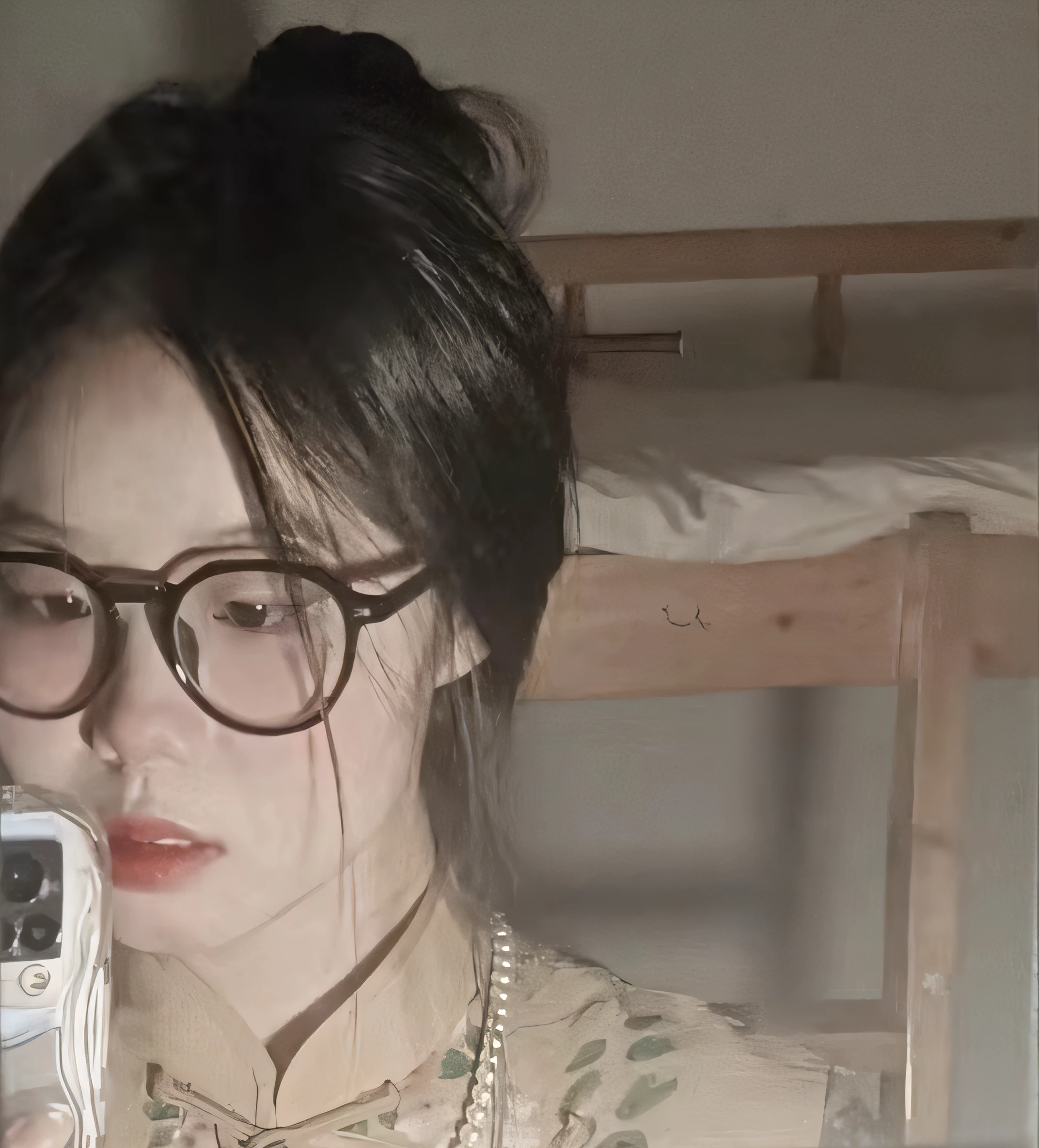 there is a woman taking a picture of herself in the mirror, ulzzangs, wearing thin large round glasses, personal profile picture, With glasses, wearing small round glasses, with square glasses, lofi-girl, Choi Hyun-hwa, a girl with round glasses, lofi girl aesthetic, lo fi, lofi portrait at a window, cruel korean goth girl