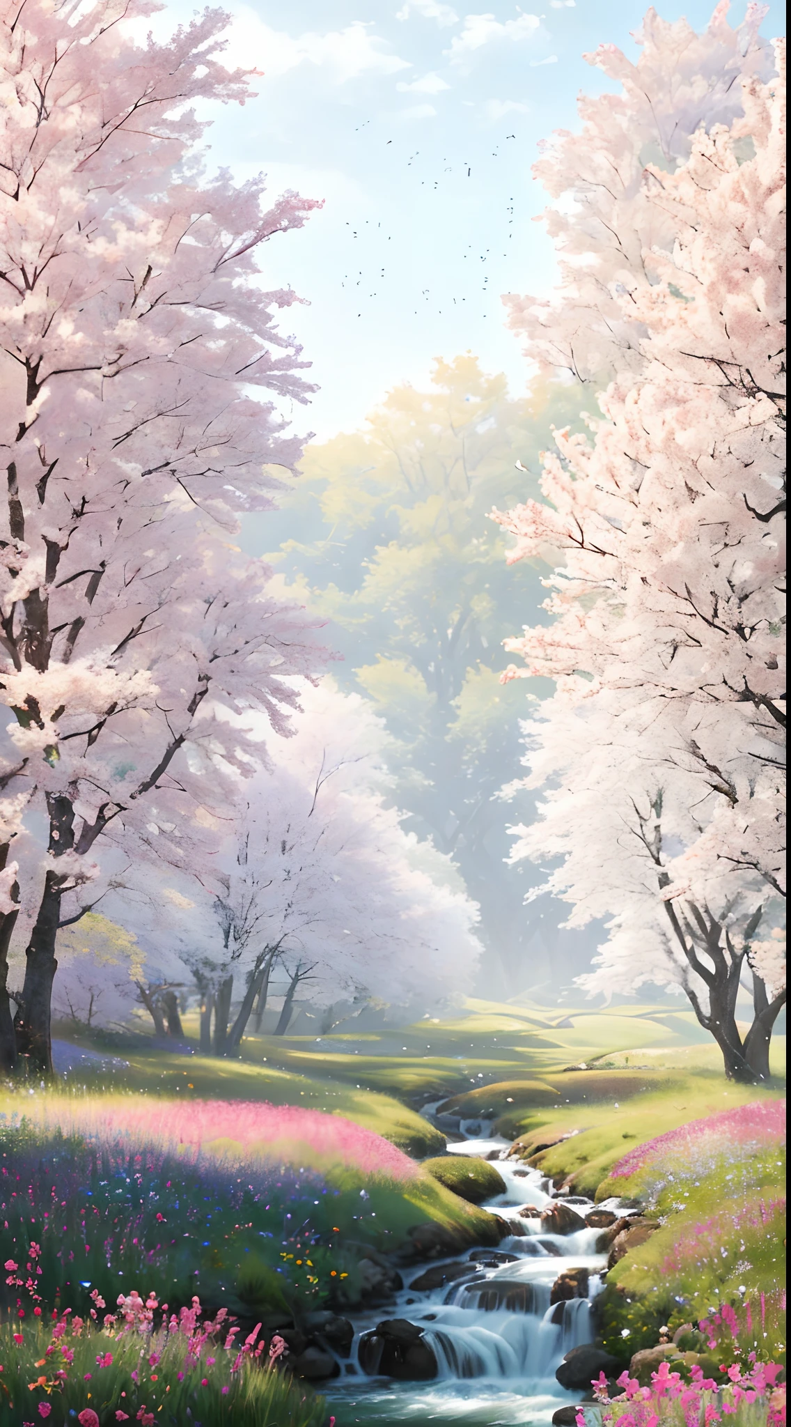 The sunny meadows are filled with wildflowers of all colors, Surrounded by tallness, Lush pink trees,New leaves, The breeze blows through. In the distance, there is a stream flowing, Masterpiece, Best quality, High quality, Extremely detailed Cg Unity 8K wallpaper, oil paiting, award winning photography, Bokeh, Depth of field, hdr, full bloom, color difference ,Photorealistic,Extremely detailed, trending on artstationh, trending on CGSociety, Intricate, High detail, Dramatic, art by midjourney
