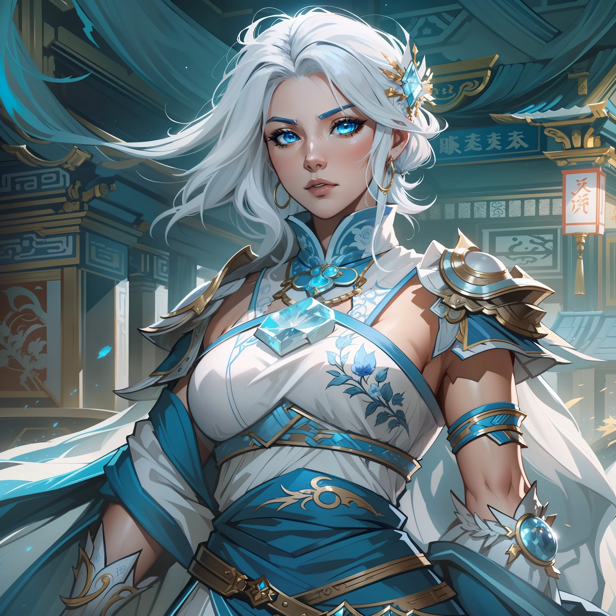 a close up of a strong amazon woman in her 30's, with blue eyes and white hair, wearing a blue and white layered hoop skirt dress, layered skirts, a heroine with blue eyes, female swordswoman with ice power, princess, standing in a chinese temple, new costume concept design, in the style of blade and soul, full body character concept, detailed character design, lunar themed attire, costume with blue accents, colored concept art, highly detailed character design, highly detailed face, very highly detailed face, unreal engine render, final fantasy 14 style