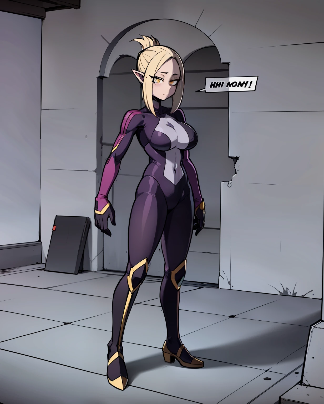 My Hero Academia style, anime Girl, female, Amity Blight, The Owl House, trending on artstation pixiv, (full body shot:0.5), Masterpiece, Perfect Anatomy, Super Detailed, Pale skin, golden yellow eyes, pointy ears, Hair tied into a high ponytail pulled up in front, undercut on the sides, two-tone hair, long lavender hair with brown roots, Wide thighs, wide hips, Large breast, full body suit, hero suit, Spotted purple suit, multi-toned suit, purple suit, multi shade purple suit, light purple spot suit, dark purple spot suit, one piece suit, purple symbiote,