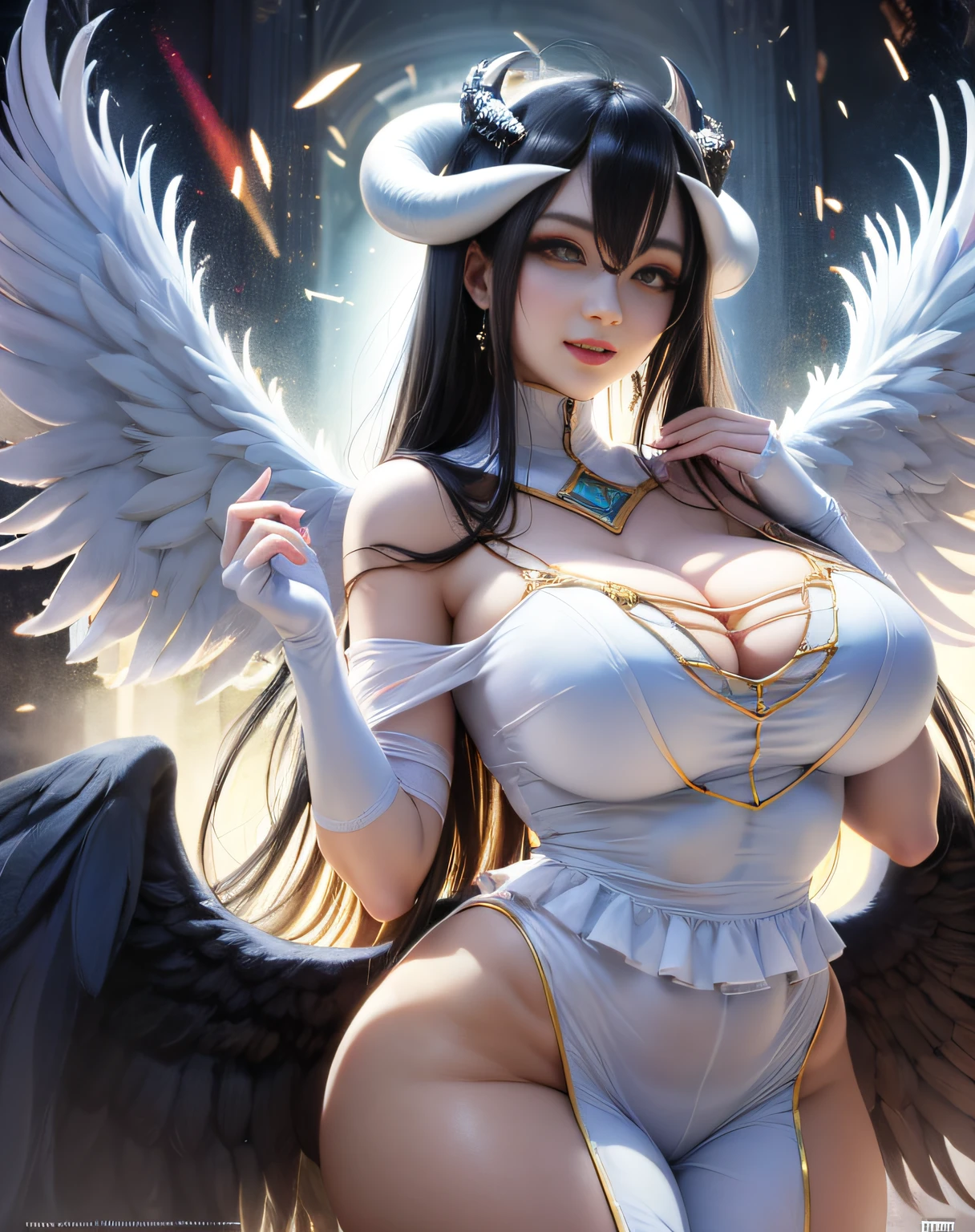 perfect beautiful face, masterpiece, best quality, highres, al1, demon horns, slit pupils, white gloves, white dress, bare shoulders, detached collar, cleavage, black wings, feathered wings, low wings, cowboy shot, standing, smile, dungeon, evil smile, white dress, huge boobs, huge ass, nasty, sexy, al1, demon horns, white gloves, white dress, bare shoulders, detached collar, cleavage, slit pupils, black wings, feathered wings, low wings, huge boobs, huge ass, juicy thick thigh, white horn