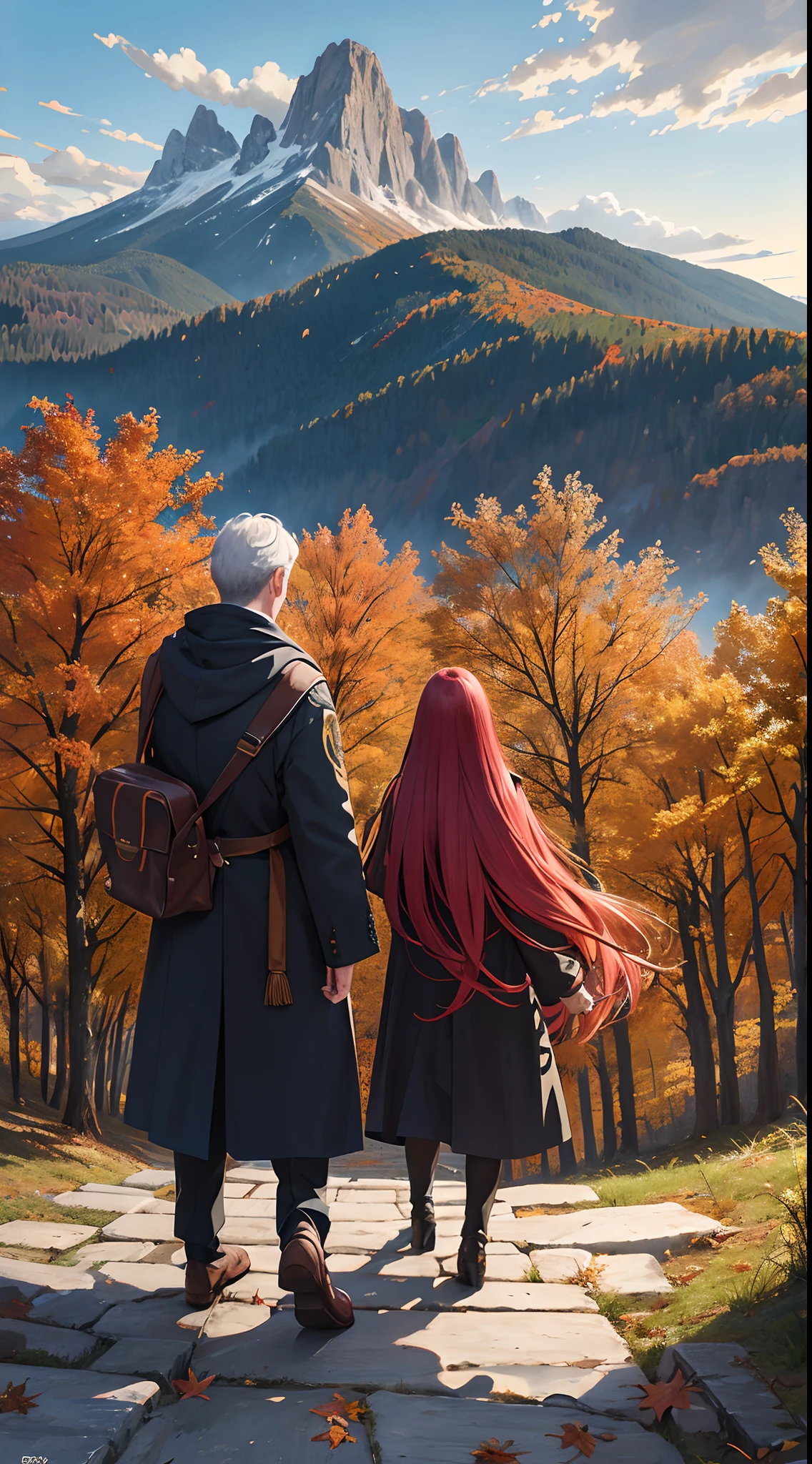 (tmasterpiece,top Quority,best qualtiy,offcial art,Beauty and aesthetics:1.2),The is very detailed,Colorful,Most detailed,two old people,climbing mountain,Back Shadow,autumnal,exteriors,scenecy,maple trees,falling leaf,Skysky,Clouds,vanishing point,Wide-Angle