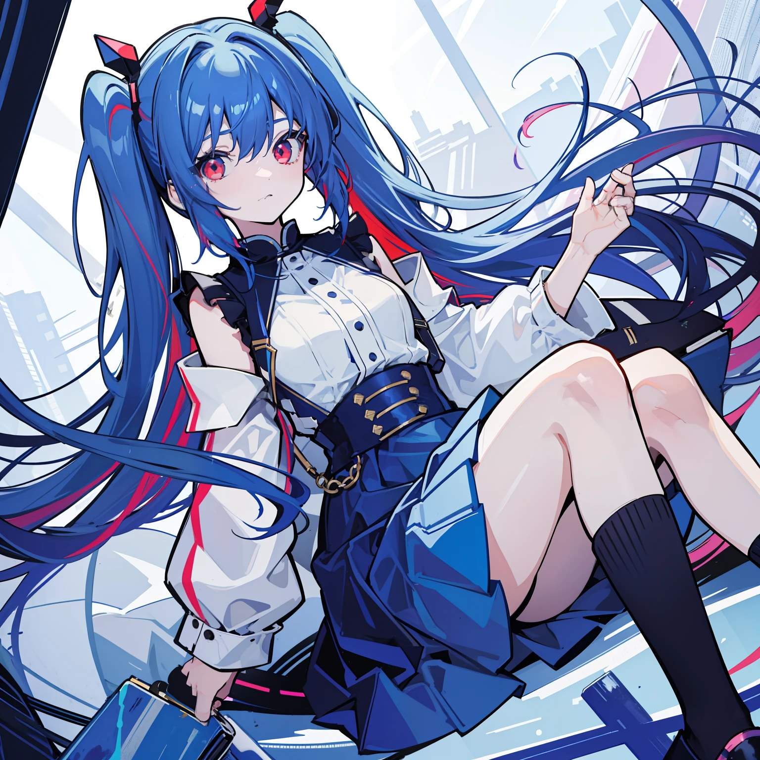 Painting depicting a girl in a blue skirt and black socks, 1girl in, two color hair, Two-tone hair、Left half light blue hair、Left half red hair、Red Eyes、Twin-tailed wavy hair、voluminous hair、High hair mass、Solo