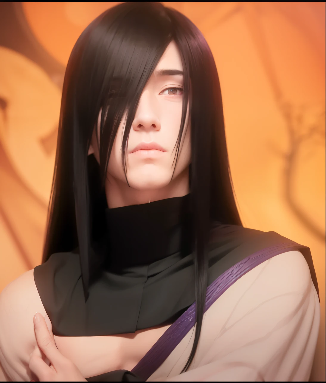 1boy,orochimaru, well-defined mature man with pale skin and long, loose black hair. His eyes are sharp and yellow. He is wearing a dark purple robe with a high collar, exuding a sense of realism and intricate detail.