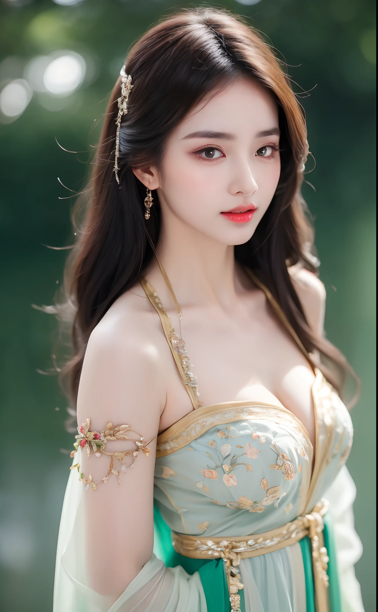 ((Best Quality, 8k, Masterpiece: 1.3)), Focus: 1.2, Perfect Body Beauty: 1.4, Buttocks: 1.2, ((Layered Haircut)), (Wet Clothes: 1.1), (Rain, Street:1.3), (Breasts: 1.2), (Hanfu: 1.2), Bare Shoulders, Bare Legs, Highly Detailed Face and Skin Texture, Fine Eyes, Double Eyelids, Whitened Skin, Long Hair, (Shut Up: 1.5), (Bokeh Background: 1.5), Big Breasts