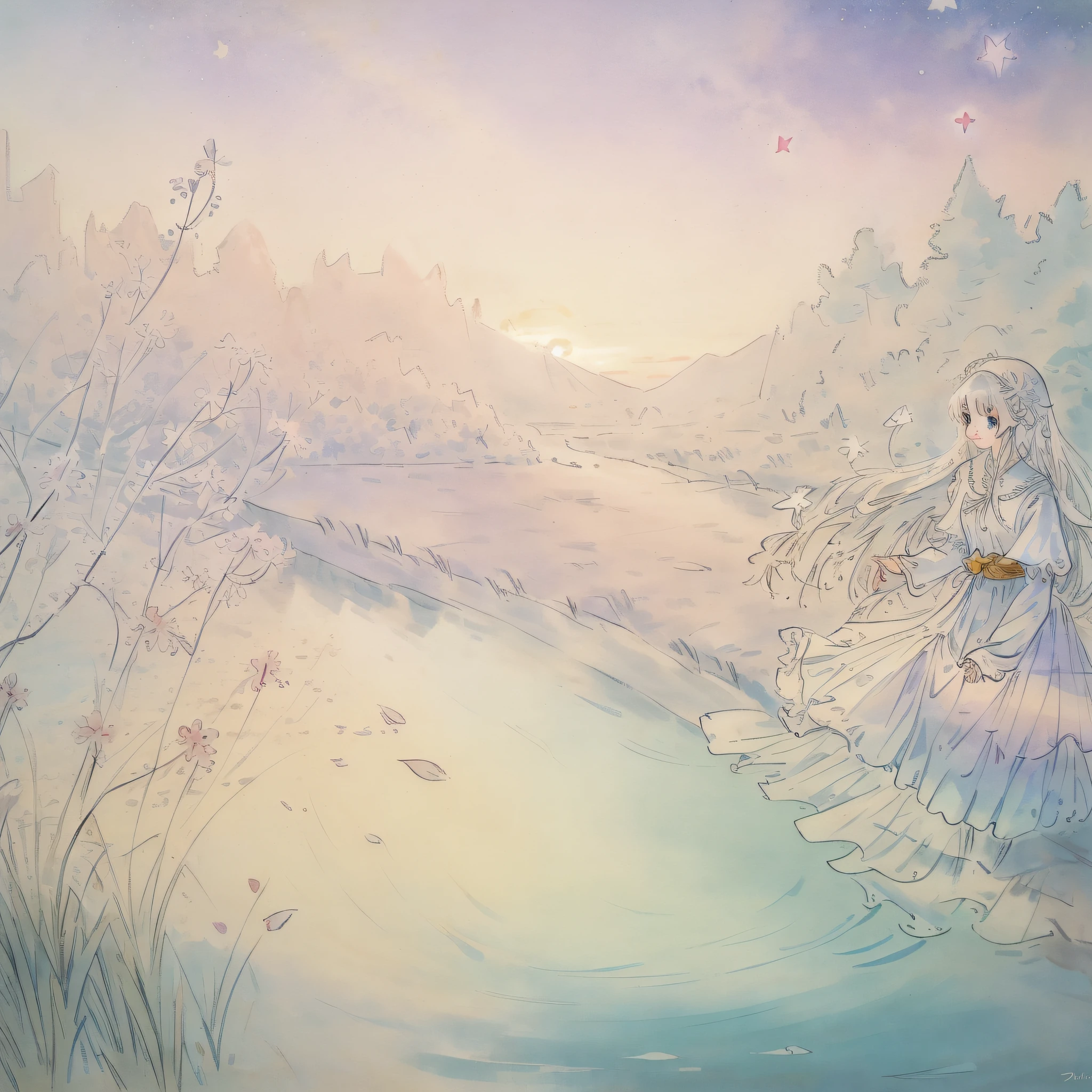{{{masterpiece}}}, {{best quality, super fine illustration , beautiful and delicate water,The finest grass}}. ((beautiful eyes)),{ very delicate light, perfect and delicate limbs}, {nature, painting, water spray},{{ fine luminescence ,very fine 8K CG wallpaper}},Lavender eyes, pink pupils, whole body, white hair, bright eyes,( (an extremely delicate and beautiful girl)), ((1 girl)), medium bust, dynamic angle, (white dress with gold decoration), (long hair flowing with the wind, beautiful hair ornaments, delicate wet skirt, nsfw, breeze, long bangs between eyes), wrinkled skirt, (staring blankly, lovely big eyes),messy_hair,payot,Lateral braid,(Tulle lace white skirt) Flowers and grass meadow, near the water edge, ((sunset, starry sky in a circle), randomly distributed clouds, (((river))), splashing water, falling petals