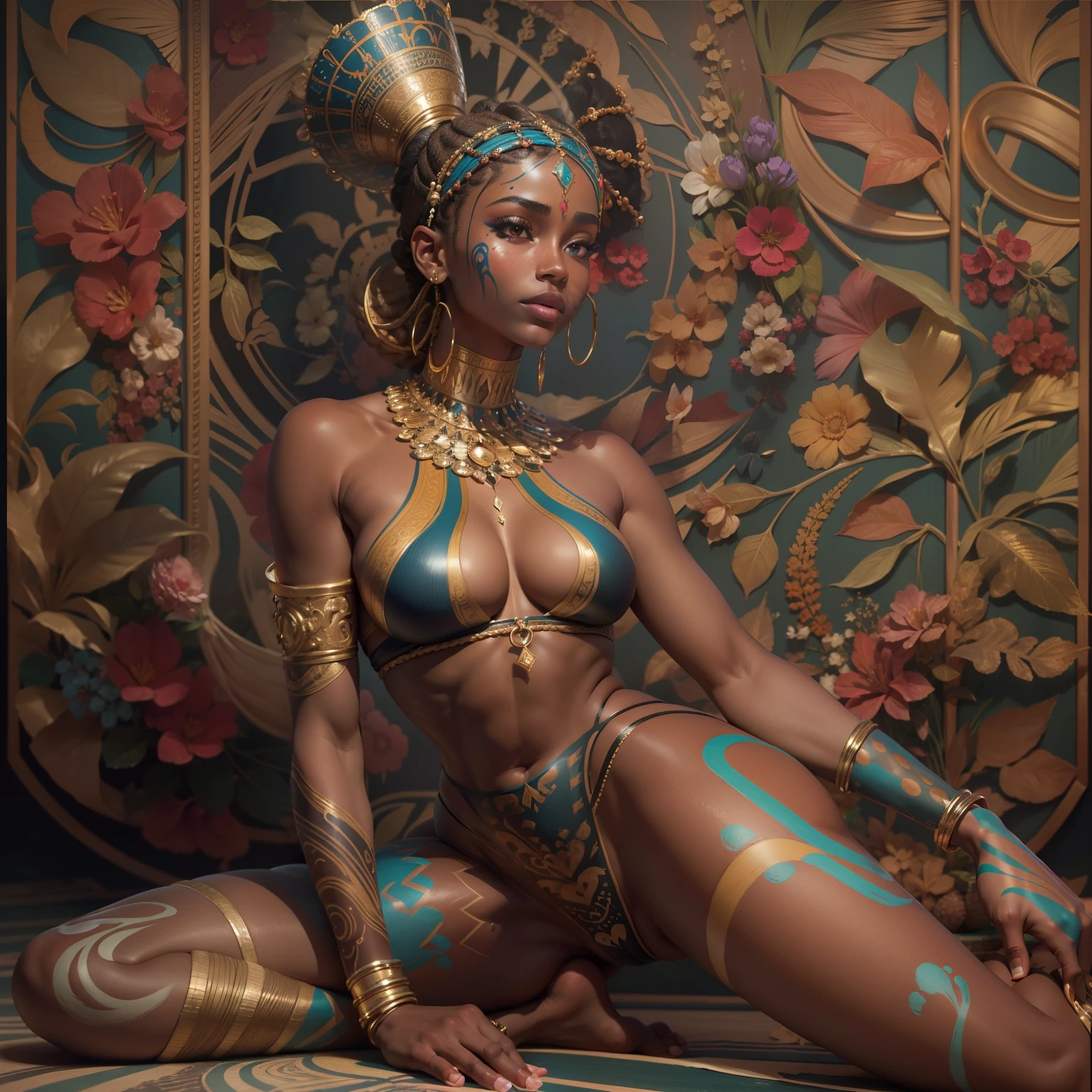 Hyper-realistic 8K image of a 21-year-old Nubian female from an unknown civilization who do not wear conventional outfit. SI Swimsuit Body Paint Issue style. Facial expression ecstatic. An extremely scarce layer of delicate body paint color that matches skin tone resembling a stylish swimsuit. Naturally sagging chest. Body inclined forward, spreading legs, massive glutes. Prominent gluteal cleft, and cleavage. Scarce body paint is adorned with intricate patterns inspired by cosmopolitan art and culture. The focus should be on the beauty of the patterns and the elegance of her posture. Image captures the essence of tranquility and the rich cultural heritage. The composition must be realistic, sharp, detail-oriented, especially the patterns and textures. The image must be ultra-high-resolution, capturing vivid colors .