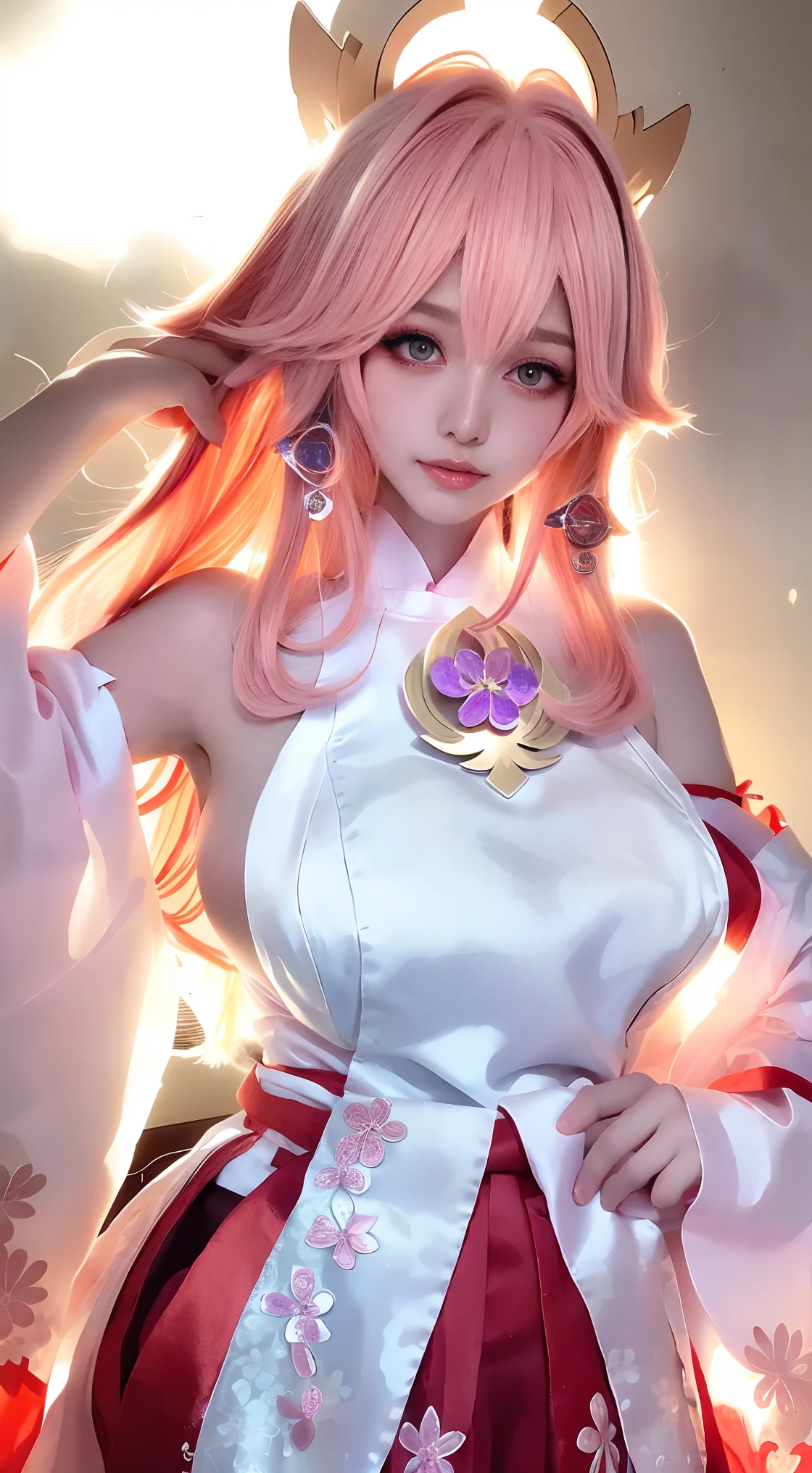 Realistic eyes, detailed shadow, view the viewer, Dog ears, Detailed lighting,(detailed hairs, photo-realistic hair, Realistic lighting, realistic shaded, realistic dress), Realistic skin, (Waist gun:1), Realistic reflection of light from above,((arms back behind)),(with hands behind her back),tube top,Sexy,Night,Stockings,Naked,Bigboobs,big breast,Cherry blossoms, White skirt, White dress,full bodyesbian,A Japanese shrine,Pink filter element；Protruding cleavage：1.5