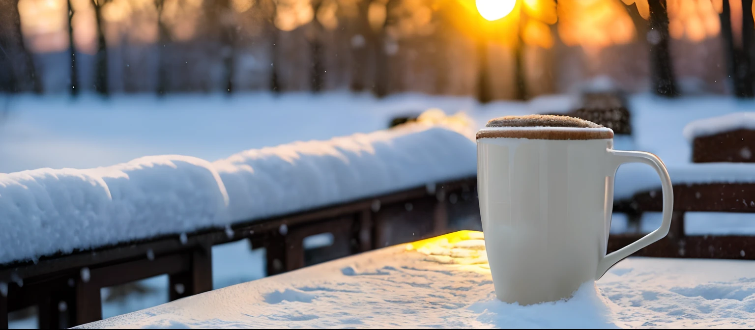 Realism, hyper-realism, soft, vivid, Zeiss_style, coffee on table in back garden, snow fall outdoor, masterpiece, best quality, super detailed, high resolution, very detailed, 8k uhd, (fidelity, fidelity: 1.5), (natural light), amazing, photon mapping, radiosity, amazing physically based rendering, fine detail, best, high quality, raw photos, (bokeh: 0.8), realistic, (depth of field: 0.8), bokeh background,