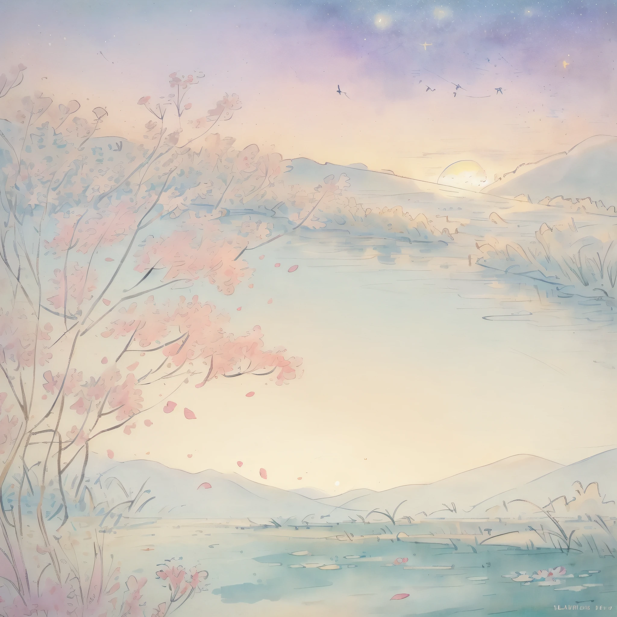 {{{masterpiece}}}, {{best quality, super fine illustration , beautiful and delicate water,The finest grass}}. ((beautiful eyes)),{ very delicate light, perfect and delicate limbs}, {nature, painting, water spray},{{ fine luminescence ,very fine 8K CG wallpaper}},Lavender eyes, pink pupils, whole body, white hair, bright eyes,( (an extremely delicate and beautiful girl)), ((1 girl)), medium bust, dynamic angle, (white dress with gold decoration), (long hair flowing with the wind, beautiful hair ornaments, delicate wet skirt, nsfw, breeze, long bangs between eyes), wrinkled skirt, (staring blankly, lovely big eyes),messy_hair,payot,Lateral braid,(Tulle lace white skirt) Flowers and grass meadow, near the water edge, ((sunset, starry sky in a circle), randomly distributed clouds, (((river))), splashing water, falling petals