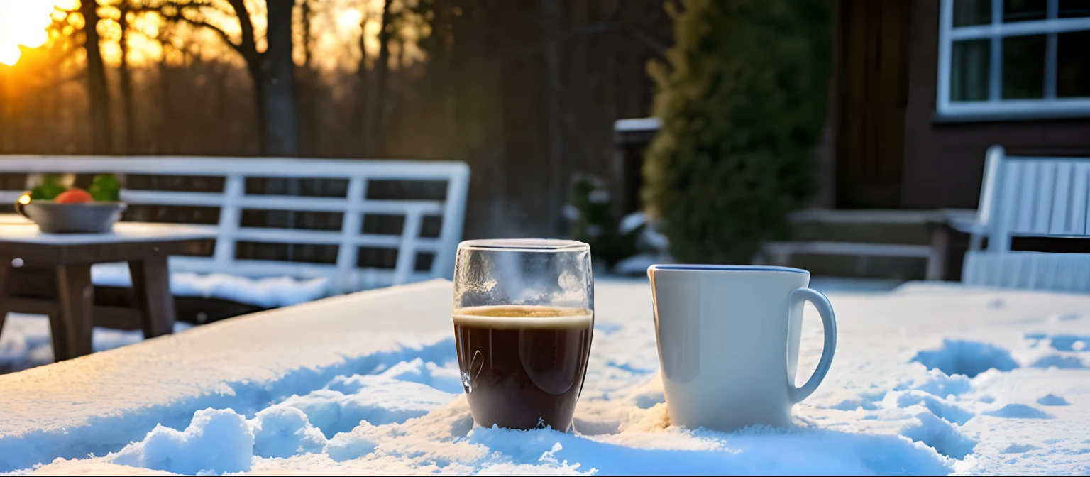 Realism, hyper-realism, soft, vivid, Zeiss_style, coffee on table in back garden, snow fall outdoor, masterpiece, best quality, super detailed, high resolution, very detailed, 8k uhd, (fidelity, fidelity: 1.5), (natural light), amazing, photon mapping, radiosity, amazing physically based rendering, fine detail, best, high quality, raw photos, (bokeh: 0.8), realistic, (depth of field: 0.8), bokeh background,