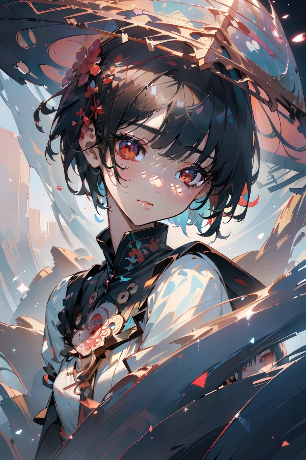 (Masterpiece, Top quality, Best quality, offcial art, Beautiful and aesthetic:1.2),(1girll),extreme detailed details,(Fractal art:1.3),Colorful,highest details..,,White,chest,Abdomen,(universe background,Surreal),((blue short hair)),,A face,(Only one face.:1.1),.,Relief,on cheongsam,((Red eyes)),1girll