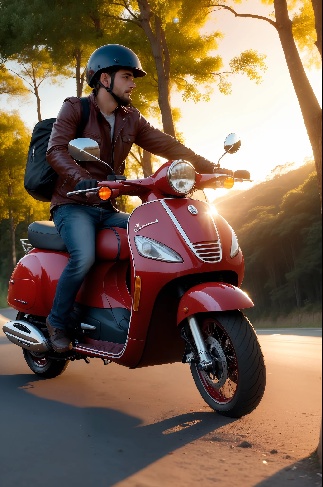 ((hombre en una vesoa roja)), en carretera hombre en una vespa, viajando atravez de una bosque, fondo atardecer, luz calida