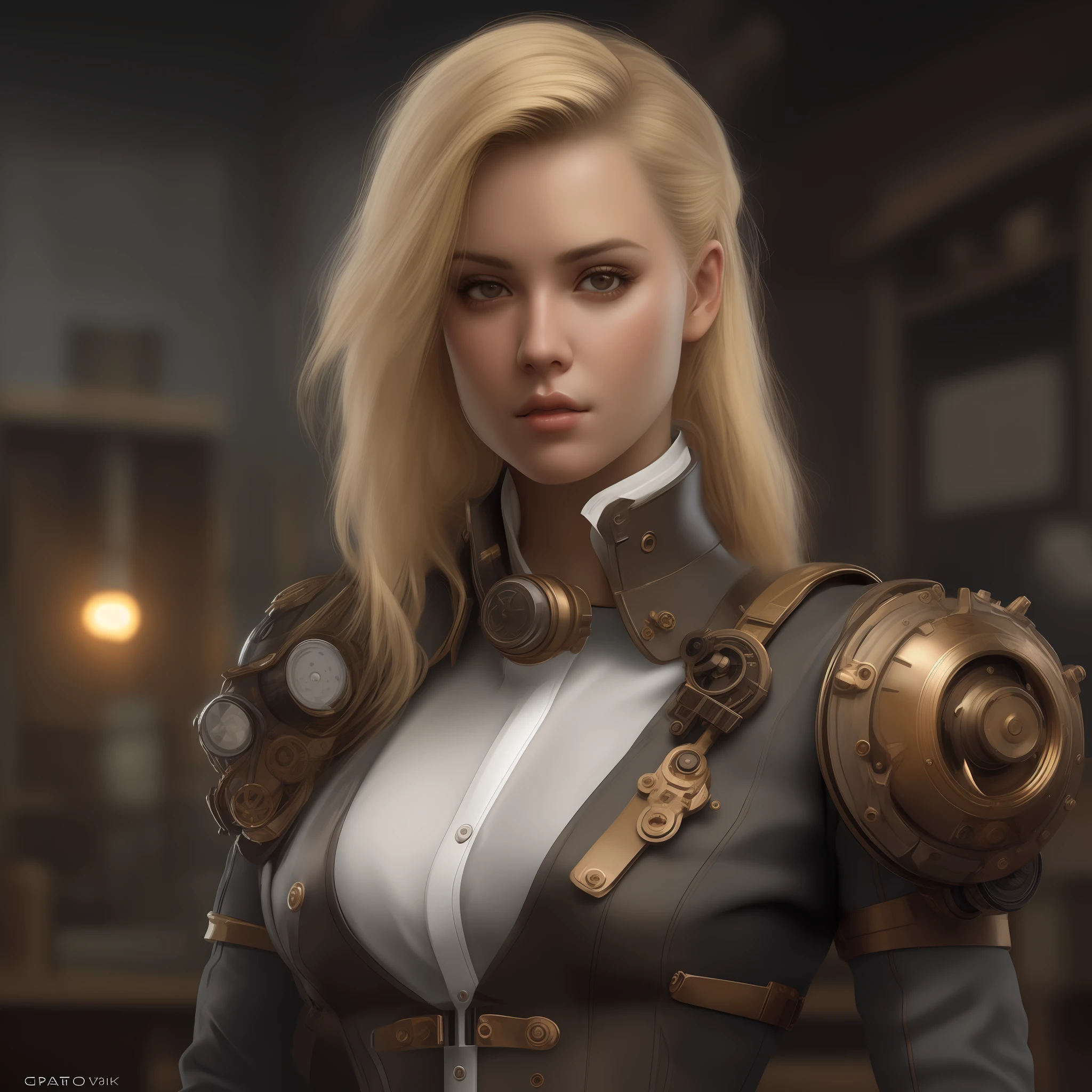 d((FULL BODY)), best quality, masterpiece, (photorealistic: 1.4), RAW photo, 8k, BLONDE GIRL WITH SHOULDER PADS OF STEEL STEAMPUNK, trending on artstation, sharp focus, studio photo, intricate details, highly detailed, by greg rutkowski