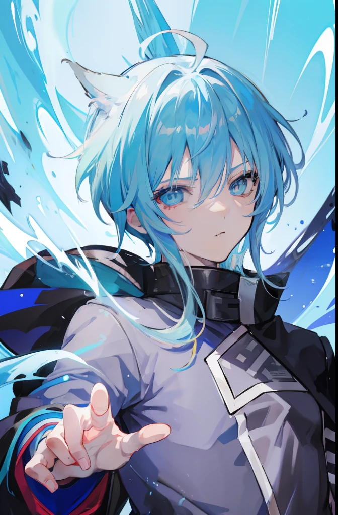 anime boy with blue hair and blue eyes in a blue background, tall anime guy with blue eyes, young anime man, anime moe artstyle, freezing blue skin, keqing from genshin impact, profile shot of rimuru tempest, anime boy, stylized anime, tensei shitara slime datta ken, aqua from konosuba, male anime character