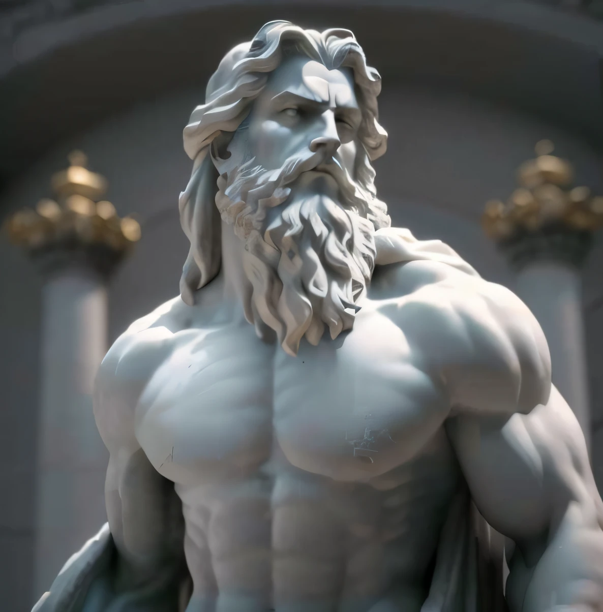 a close up of a statue of a man with a beard, escultura realista de 8k bernini, Furioso Deus Zeus, O Deus Zeus, epic scene of zeus, statue of zeus, 3d statue!!!, statue of hercules looking angry, Greek marble statue, escultura altamente detalhada, Greek statue, deus grego, statue of hercules, 3 d escultura 8 k octano render