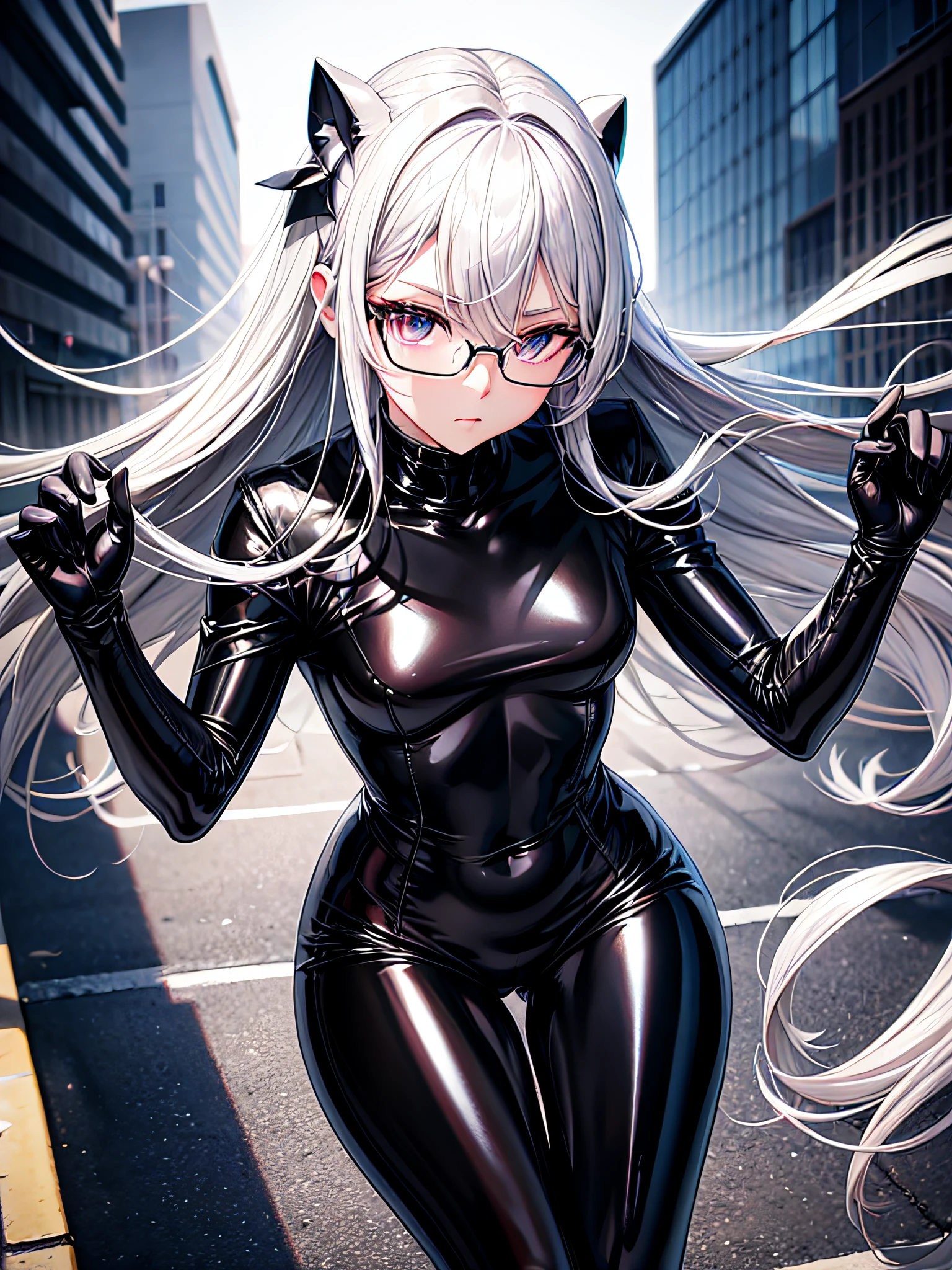 5 8K UHD、Silver-haired and small-nosed beauty in a shiny black rider suit with black shiny fingertips hiding skin up to the tips of black shiny fingertips wearing glasses is looking down with legs wide open、Late night city、Wearing a shiny black latex slider suit with hidden skin、Shiny black latex slider suit、Beautiful-nosed woman with one leg raised with expressionless eyes、Beauty with small nose with open legs、NSFW