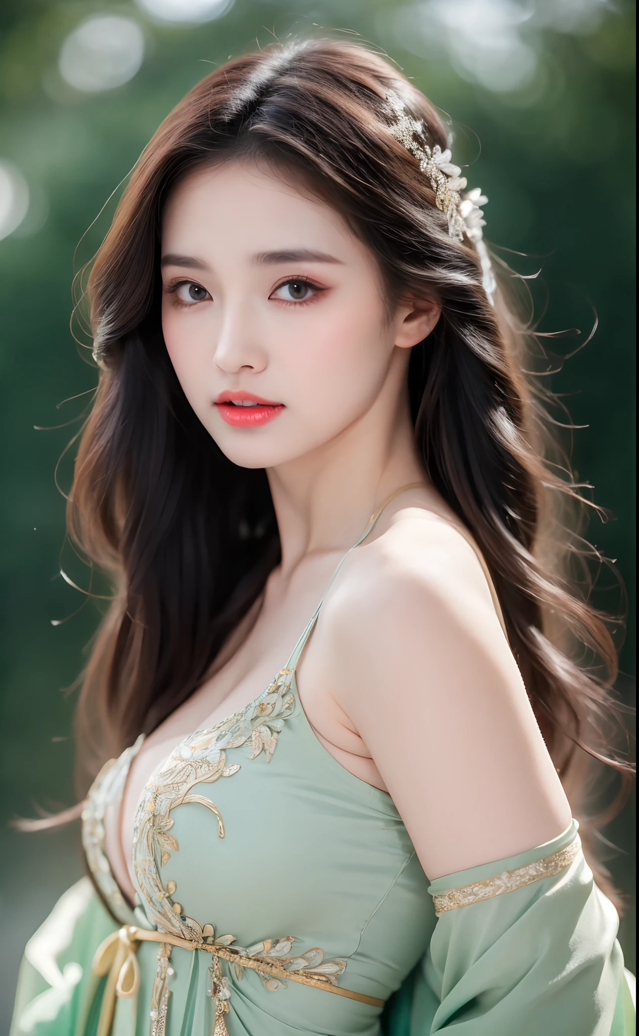 ((Best Quality, 8k, Masterpiece: 1.3)), Focus: 1.2, Perfect Body Beauty: 1.4, Buttocks: 1.2, ((Layered Haircut)), (Wet Clothes: 1.1), (Rain, Street:1.3), (Breasts: 1.2), (Hanfu: 1.2), Bare Shoulders, Bare Legs, Highly Detailed Face and Skin Texture, Fine Eyes, Double Eyelids, Whitened Skin, Long Hair, (Shut Up: 1.5), (Bokeh Background: 1.5), Big Breasts