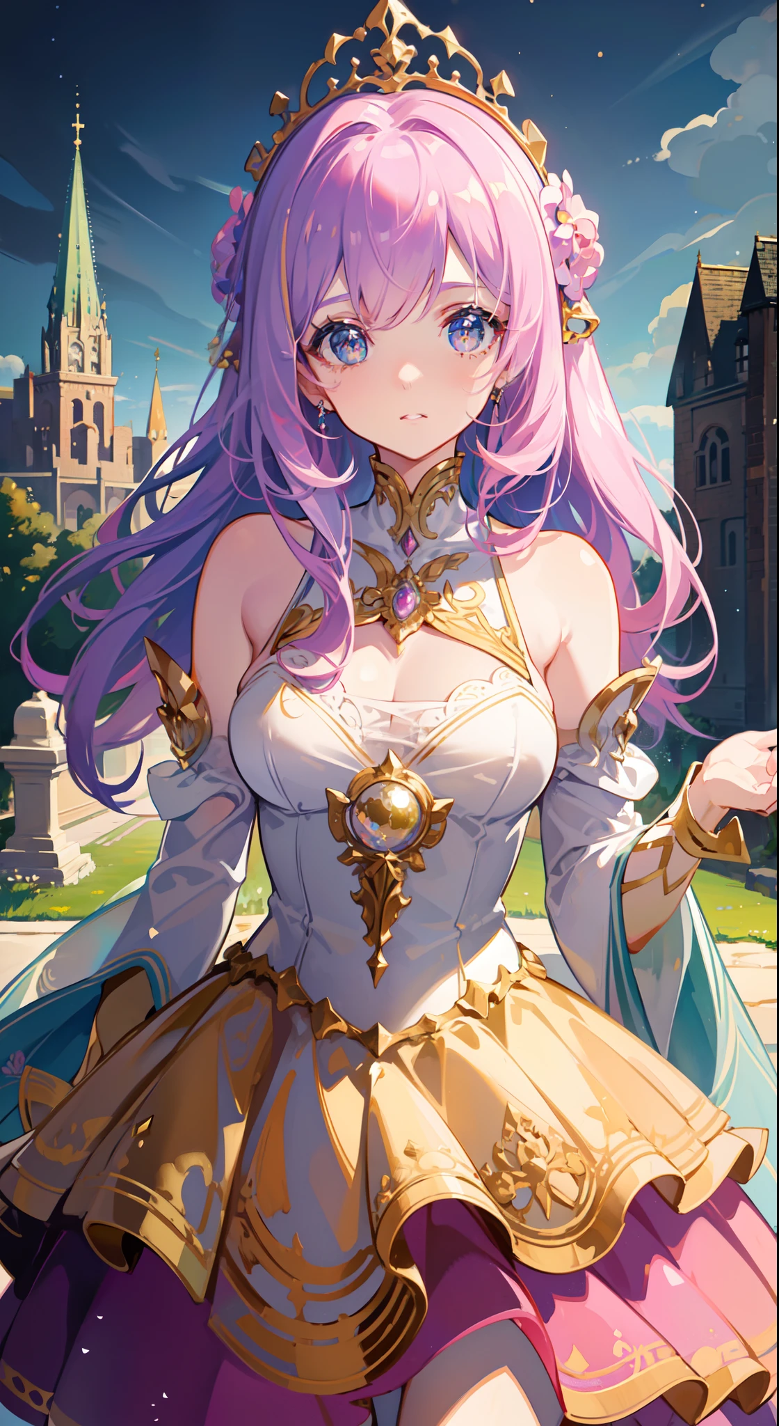 masterpiece, best quality, 8k resolution, sharp focus, intricate detail, beautiful girl, sparkling eyes, golden ratio face, otherworldly liquid, watercolor, pastel colors, bright colors, whimsical, colorful, sharp focus, high resolution, fine detail, princess layered ballgown, ((round eyes)), iridescent bubbles, castle landscape in background