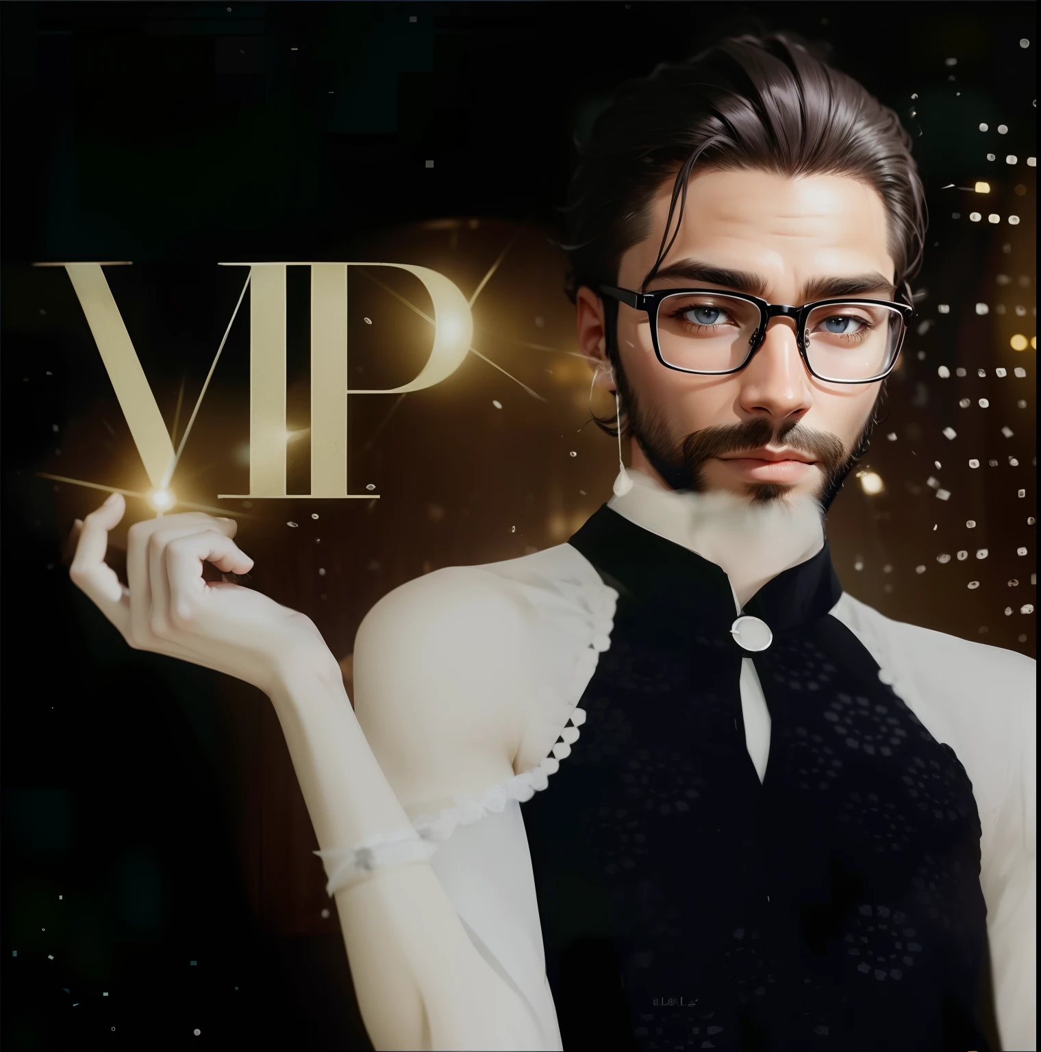 Blackbearded male,Divide hair in the middle,wears glasses,Good face