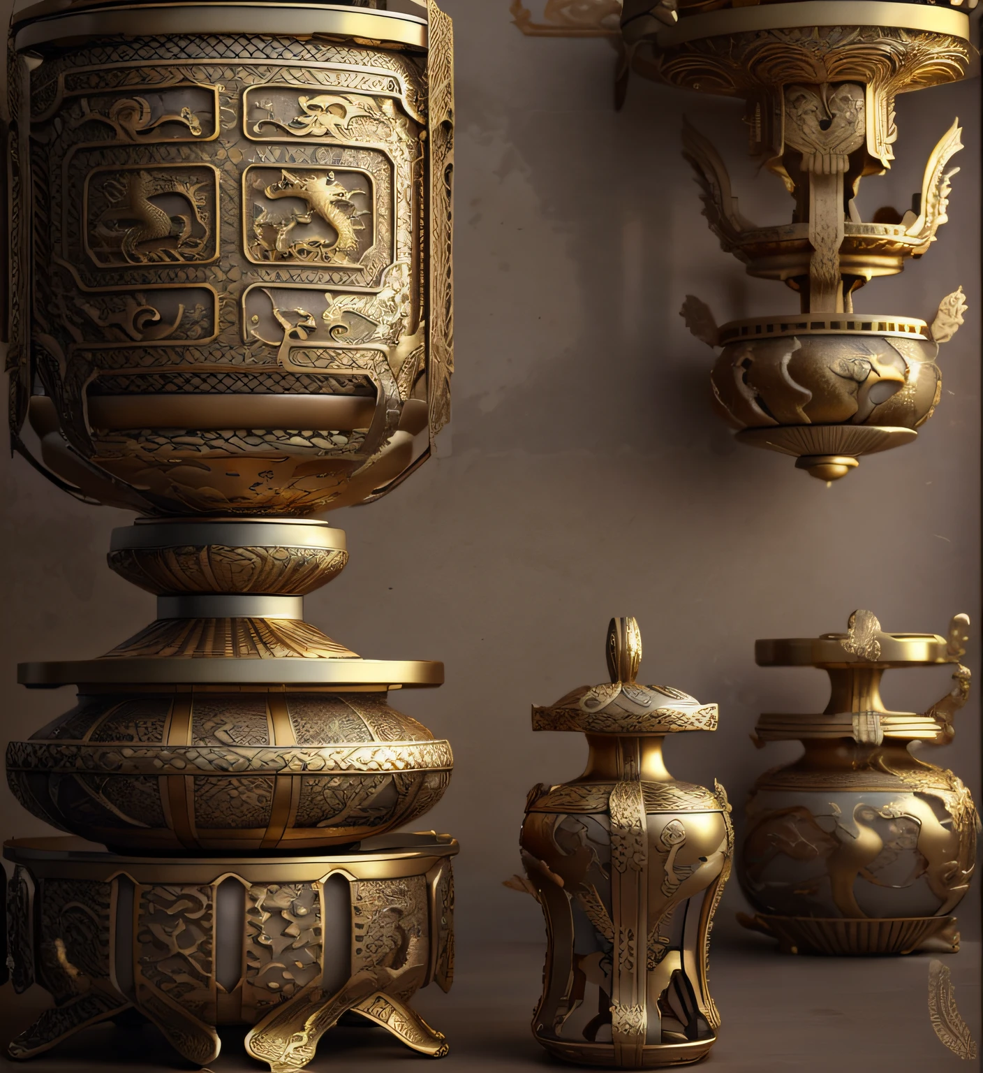 gold, bronze ware, dragon patterns, dragon scale, history of china cultural relics, atmosphere, ultra-high definition, ultra-detailed, cg rendering, oc rendering, strong texture