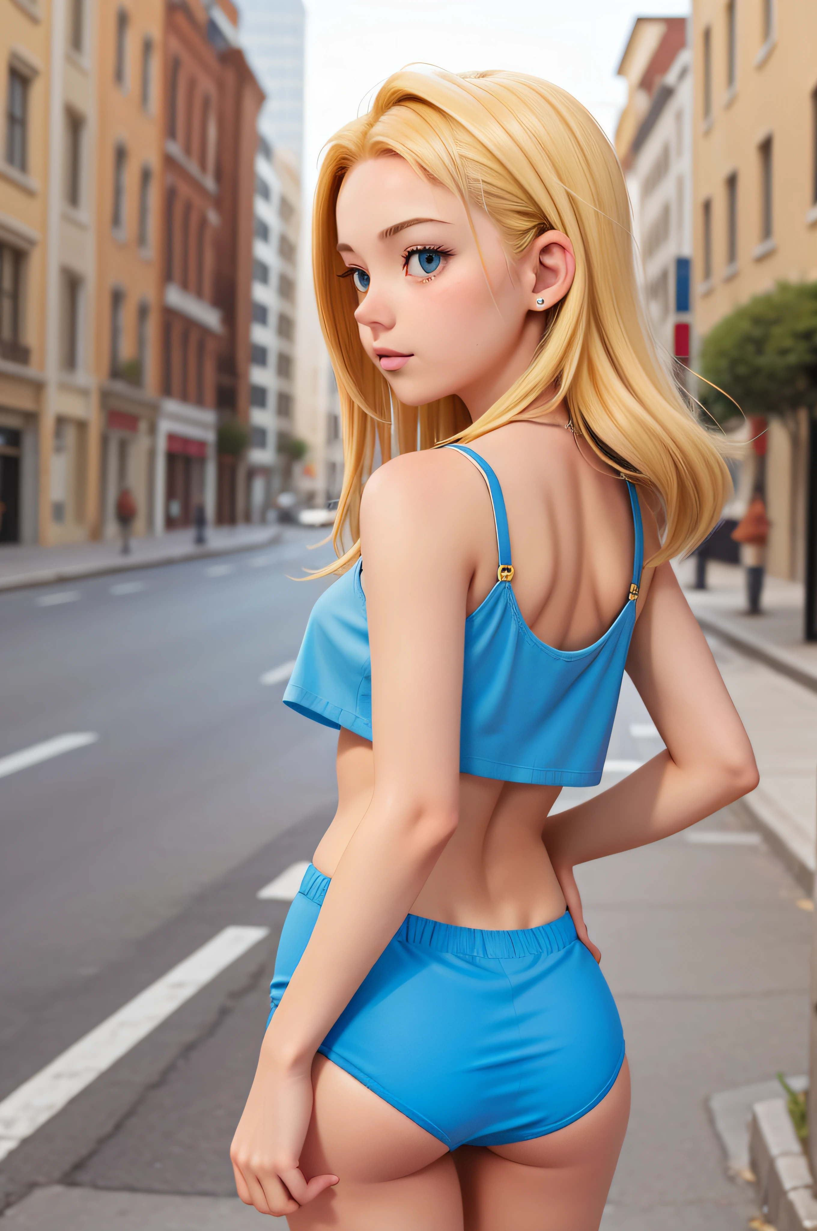 1 girl, 18 years old, blonde hair, blue top, back to back, golden panties, city