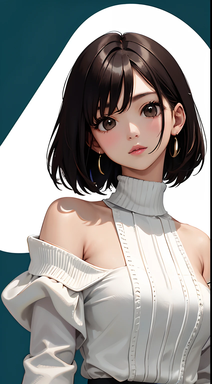 girl with、(Face Details:1.2)、​masterpiece、a short bob、Brown eyes、super precision、top-quality、Top image quality、Ultra-precise depiction、8K picture quality、simple background、off shoulders、Knitted dresses、