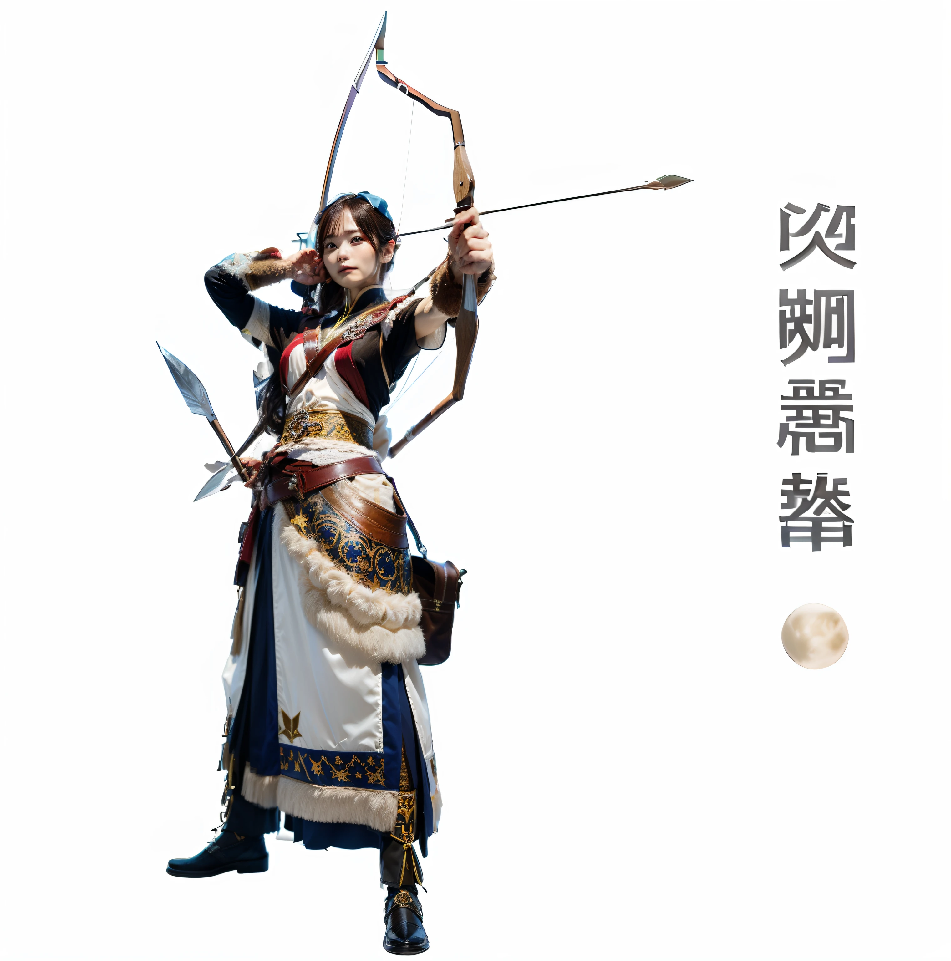 Moon and stars in the sun，The Daming warrior holds a bow in his left hand，Right-handed arrow，Waist hanging knife，There is a bow bag hanging from the right waist，Open a bow and shoot arrows。