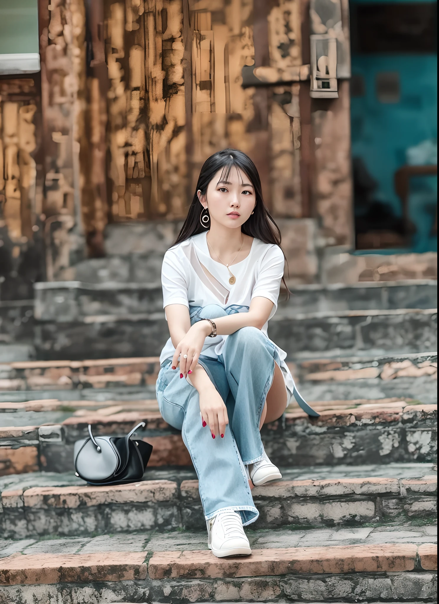 The woman sits on the steps,There is a wallet and a wallet in front of you, xintong chen, Li Zixin, Zhang Pengzhen, jinyiwei, 3 0 years old woman, 30 year-old woman, wenfei ye, Chinese woman, Chinese girl, xiaofan zhang, Inspired by Tang Yifen, Qiu Fang, a cute young woman