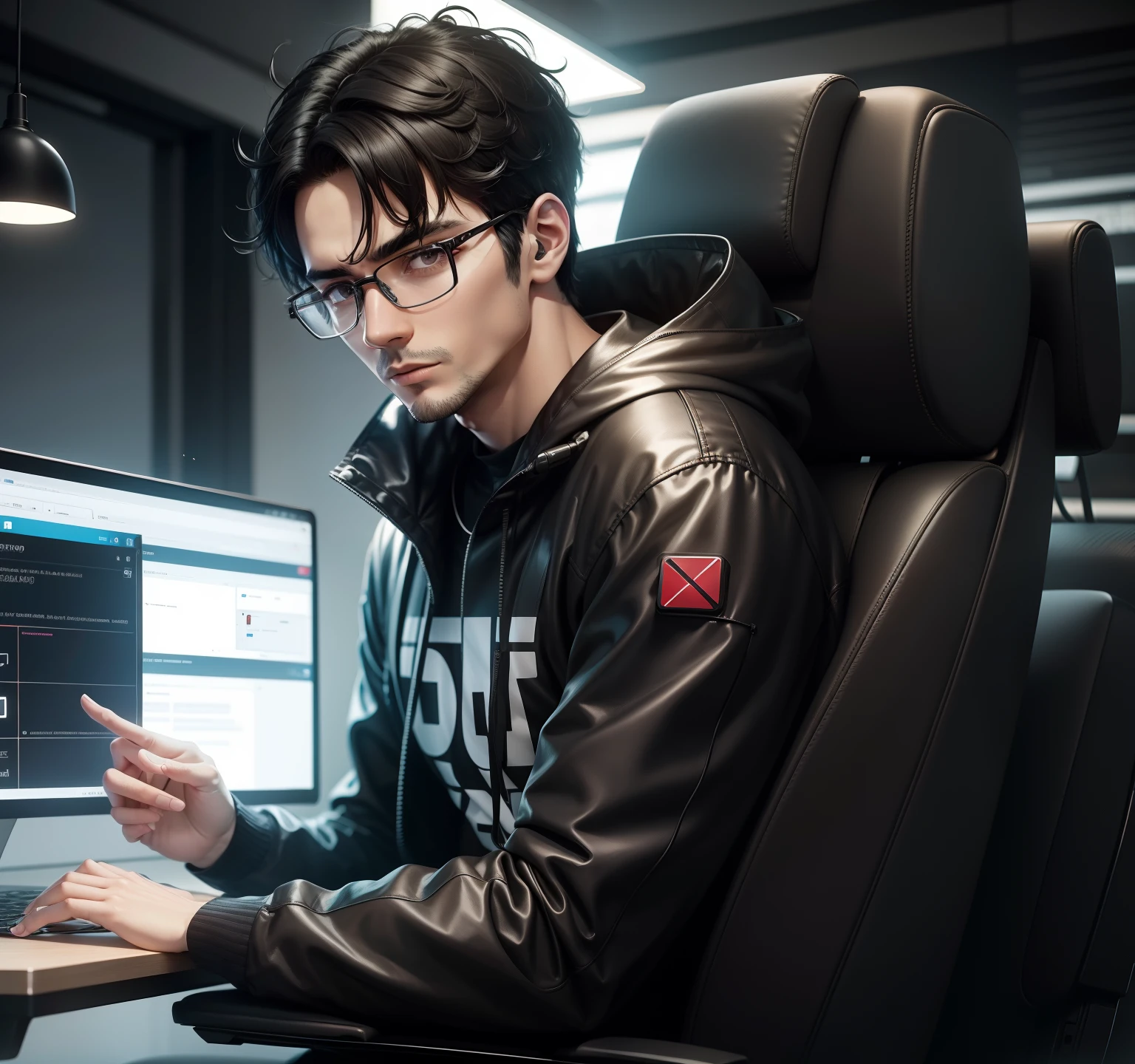 a black-haired man wearing headphones with glasses and developing an app on a futuristic CPU, usando o estilo thumbnail youtube