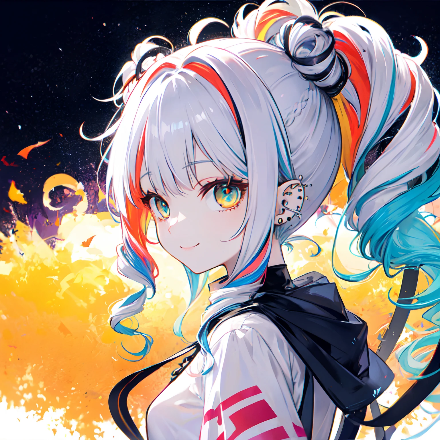 from side,solo,(ponytail:1.2),drill hair,two side up,afro,dreadlocks,hime cut,twintails,braid,(hair bun:0.7),(wavy multicolor hair:1.2),(smokeanywhere:1.4),smile,piercing