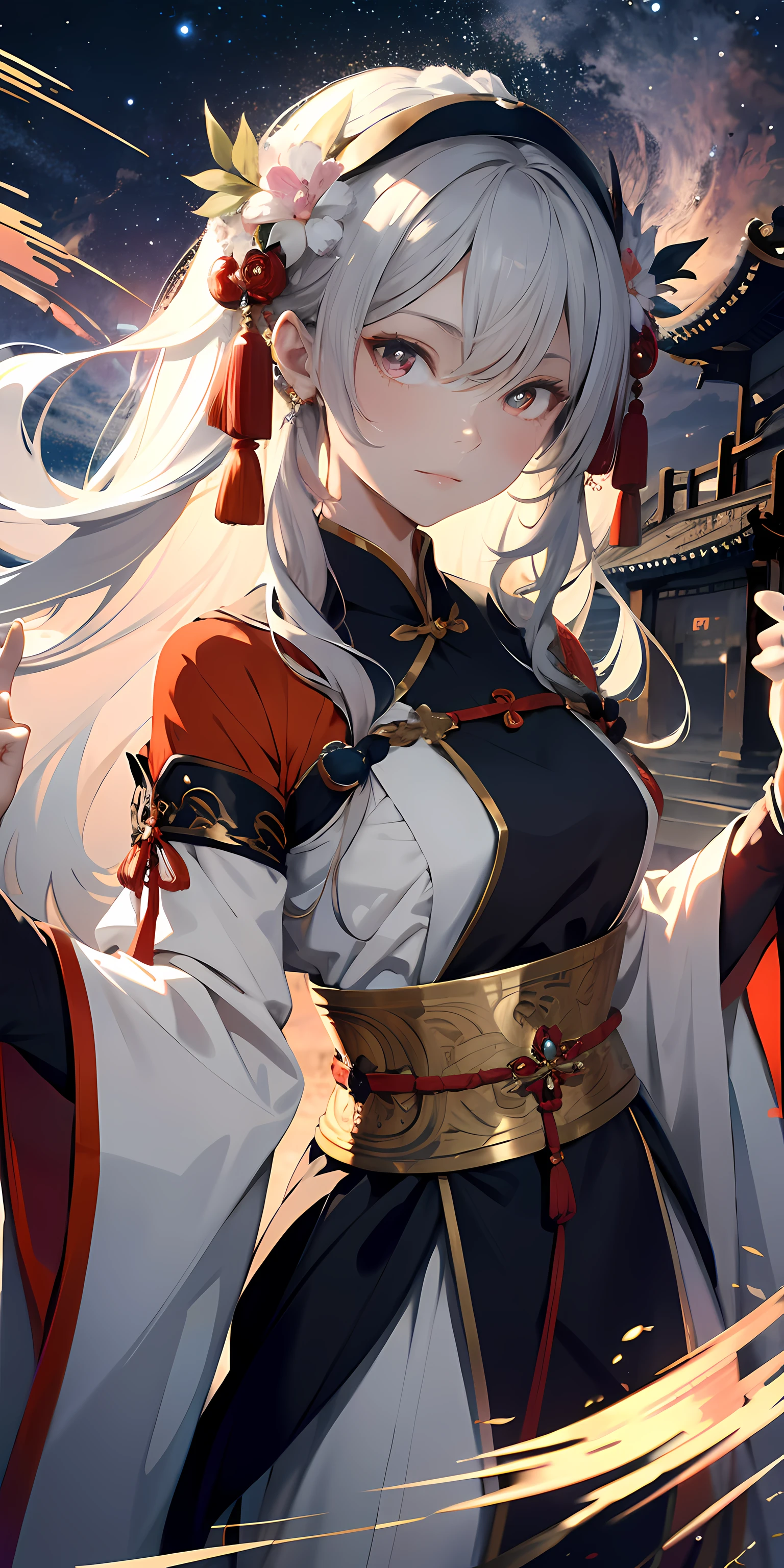 Ridiculous resolution, A high resolution, (Masterpiece:1.4), ultra - detailed, 1boy , whaite hair,long whitr hair,Chinese big breasts,Hanfu,longer sleeves,Faraway view,looking from above, the space, afloat,Chinese red --v 6