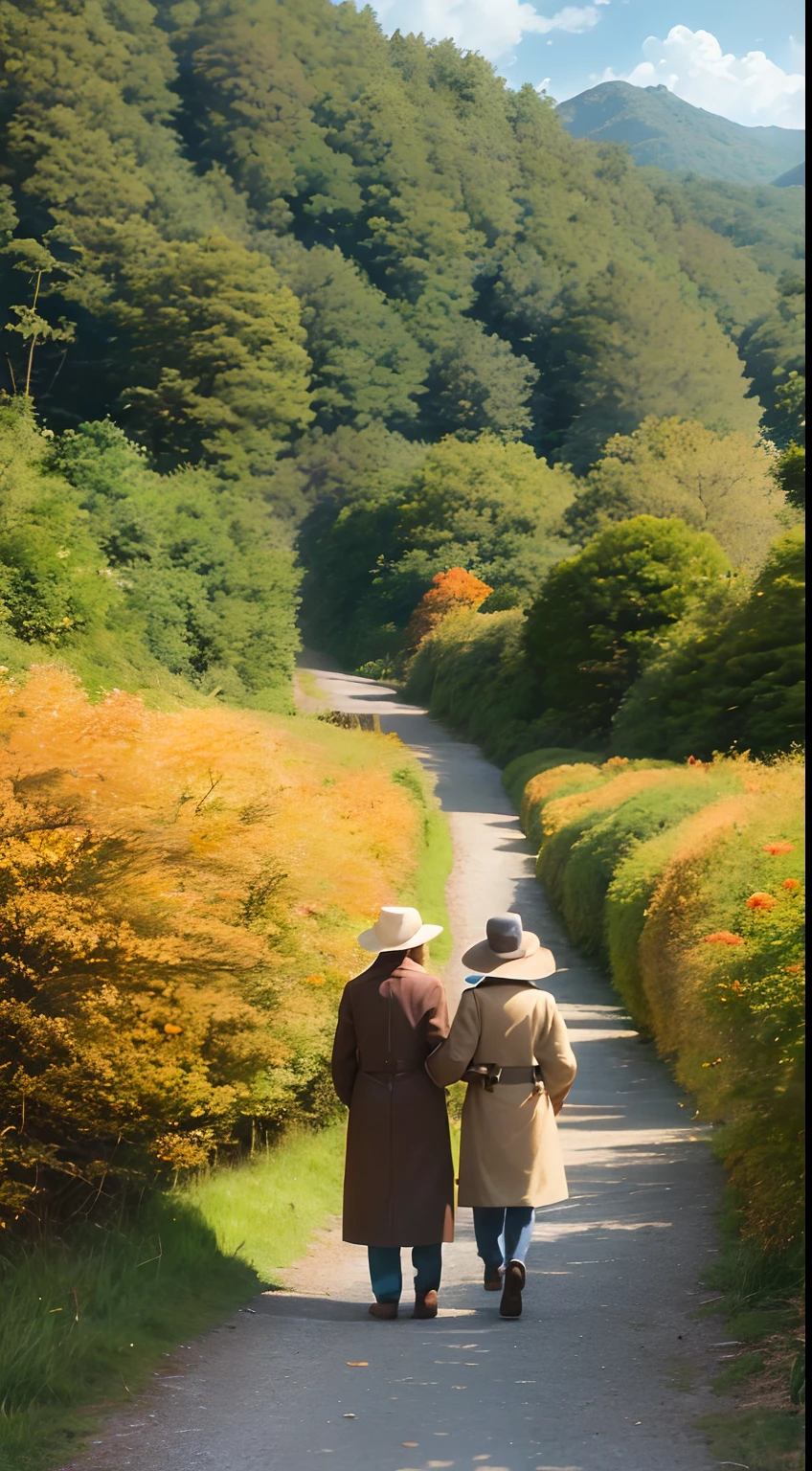 autumnal,Several old people,wearing a trenchcoat,With a hat on,Walk the winding roads of the countryside,Back Shadow,large clouds,blue-sky,ln the forest,hillside,Quiet,rustic,high definition detail、hyper-detailing、cinematic ligh、ultra-realistic realism、Soft light、Deep field focus bokeh、Ray tracing and surrealism