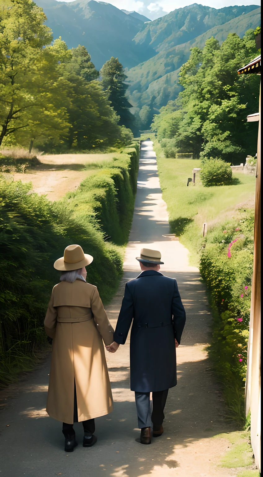 autumnal，Several old people，wearing a trenchcoat，With a hat on，Walk the winding roads of the countryside，Back Shadow，large clouds，blue-sky，ln the forest，hillside，Quiet，rustic，high definition detail、hyper-detailing、cinematic ligh、ultra-realistic realism、Soft light、Deep field focus bokeh、Ray tracing and surrealism