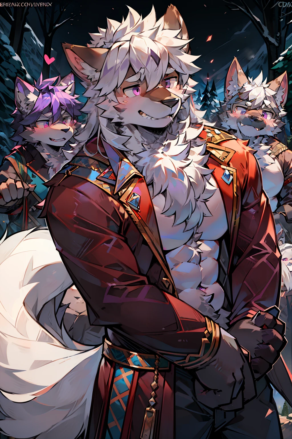 Double,shaggy male,hairy chest,coyote,canid,Gray fur,long white hair,The ends of the hair are purple,a purple eye,Bullied,adolable,Handsome,large tail,full bodyesbian,stretched action,Deep mountains and old forests,having fun,is shy,Cover your face,Be red in the face