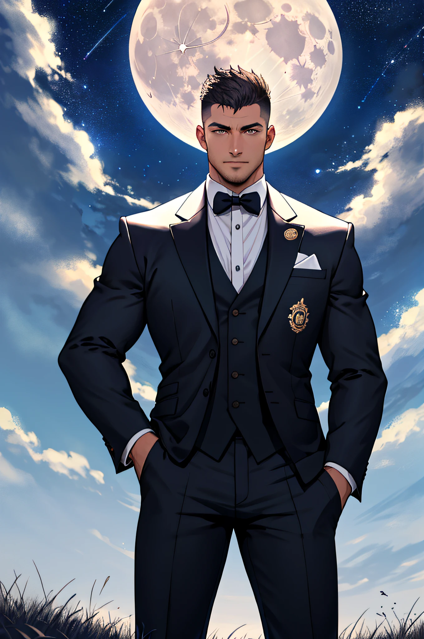 Draw a full-fledged footballer，Standing on the steppe at night，He wears a fancy suit，The man looks confident and determined，looking-down，Crew cut，full bodyesbian，Stars dot the sky，shooting from below，Big moon highlights background